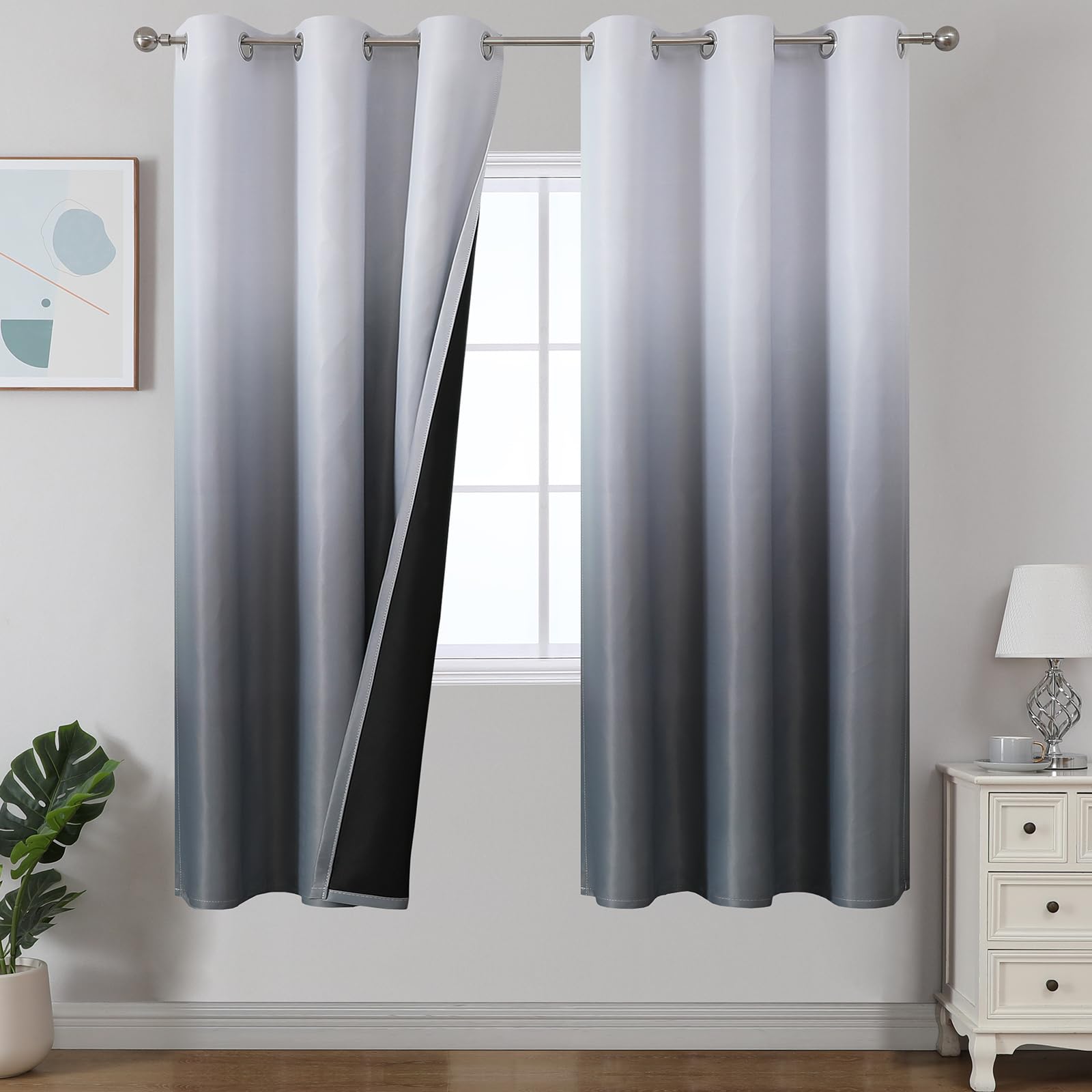 Estelar Textiler Black and Greyish White Blackout Curtains for Bedroom, Ombre Black out Curtains 84 Inch long for Living Room,Room Darkening Thermal Insulated Grommet Window Drapes,52x84 Inch,2 Panels