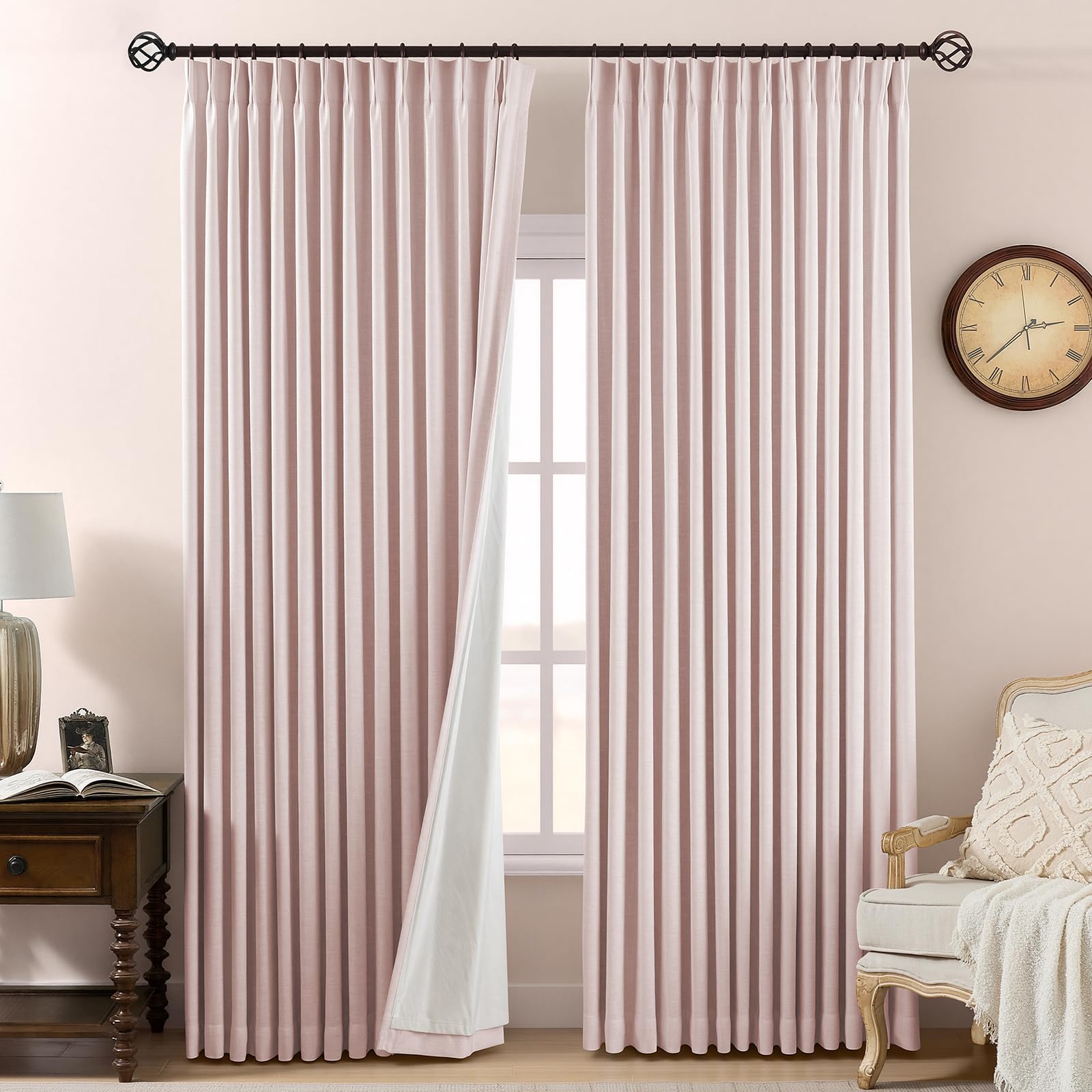 Pinch Pleated Curtains 100% Blackout Linen Curtains 95 Inches Long for Bedroom Living Room, Natural Memory Trained Thermal Insulated Room Darkening Window Pleat Drapes with Hooks, 2 Panels, 40"Wx95"L