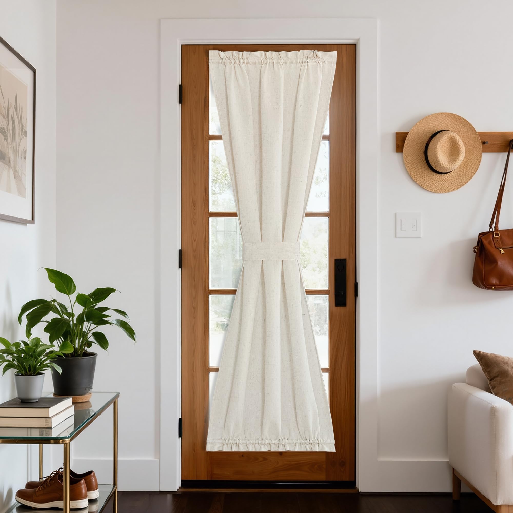 NICETOWN Front Door Curtain - Soft Beige Linen Weave Pattern Door Shade for Windows Light Filtering Rod Pocket French Window Cover for Entryway/Garage with Tieback, 1 Panel, 26" W x 40" L