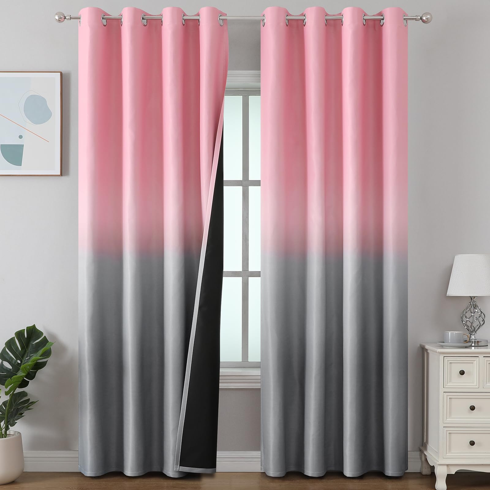 Estelar Textiler Black and Greyish White Blackout Curtains for Bedroom, Ombre Black out Curtains 84 Inch long for Living Room,Room Darkening Thermal Insulated Grommet Window Drapes,52x84 Inch,2 Panels