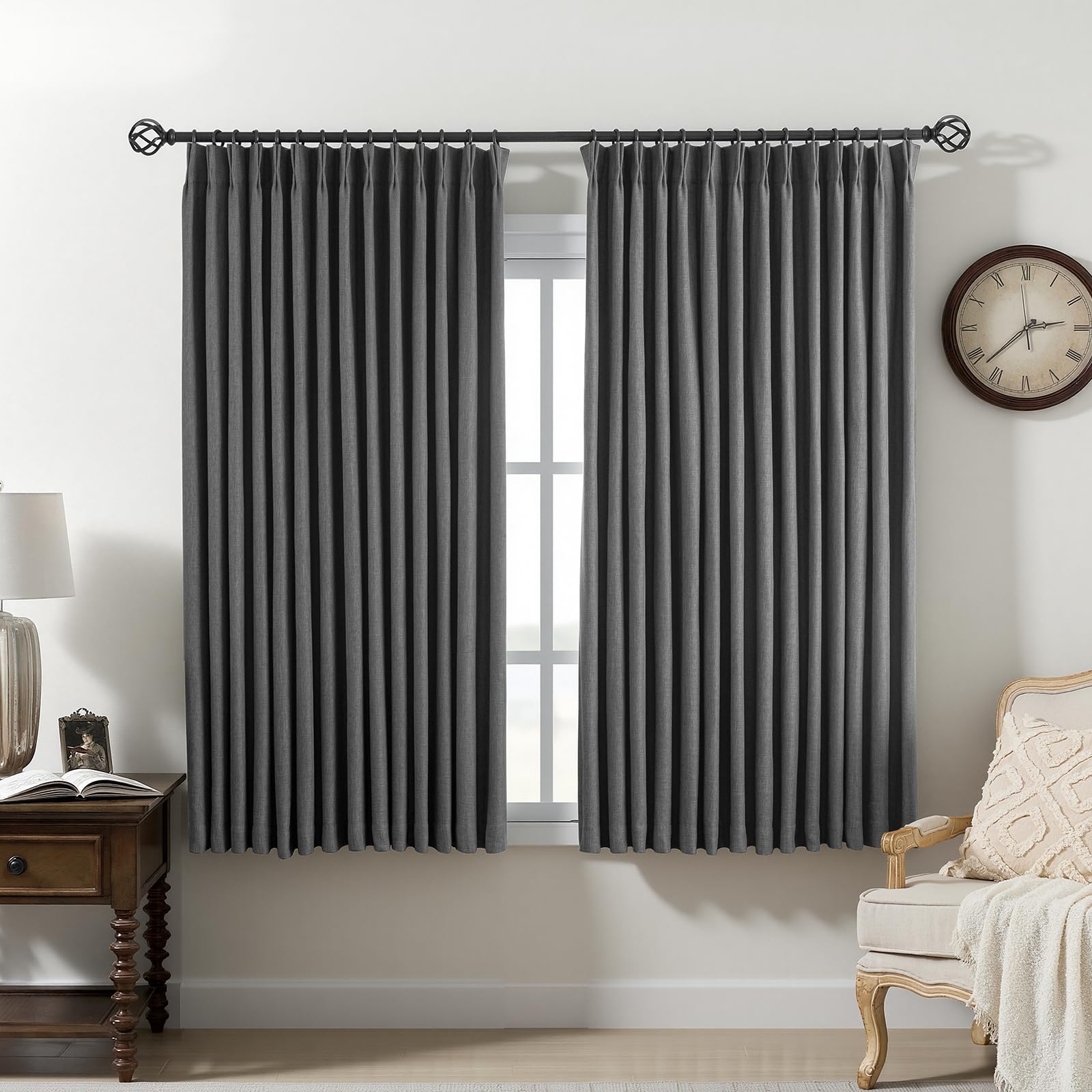 Pinch Pleated Curtains 100% Blackout Linen Curtains 95 Inches Long for Bedroom Living Room, Natural Memory Trained Thermal Insulated Room Darkening Window Pleat Drapes with Hooks, 2 Panels, 40"Wx95"L