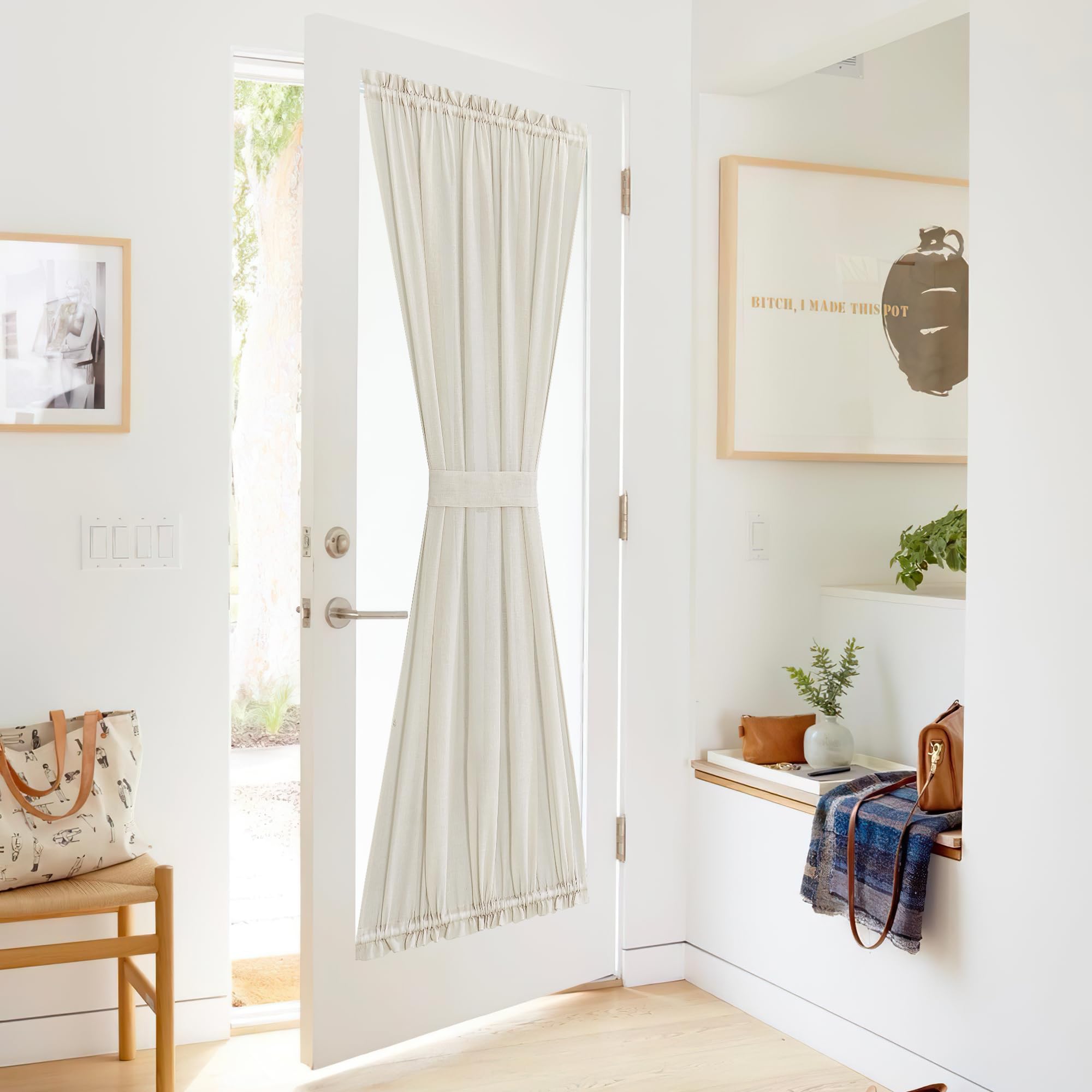 NICETOWN Front Door Curtain - Soft Beige Linen Weave Pattern Door Shade for Windows Light Filtering Rod Pocket French Window Cover for Entryway/Garage with Tieback, 1 Panel, 26" W x 40" L