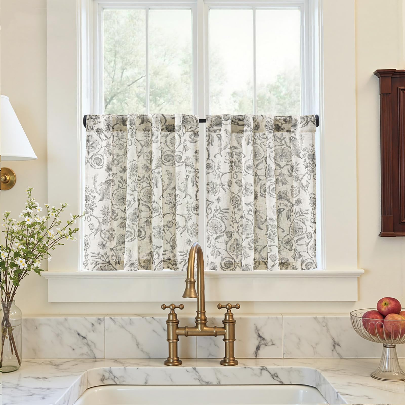 jinchan Linen Kitchen Curtains 24 Inch Vintage Floral Tier Curtains Farmhouse Cottage Cafe Rod Pocket Country Small Window for Laundry Room Bathroom RV 2 Panels Blue on Beige