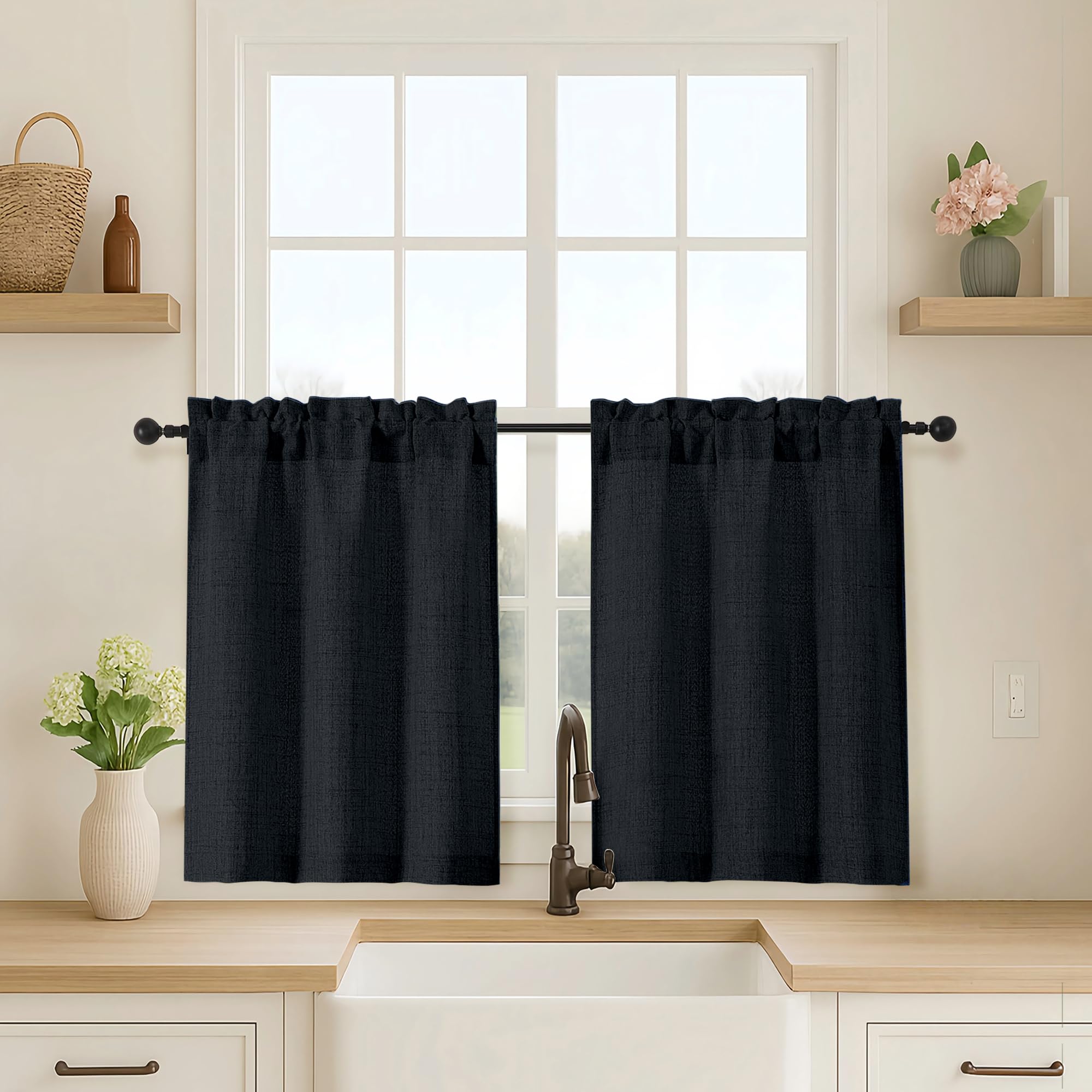 OVZME Kitchen Curtains 24 Inch Length, Light Filtering Faux Linen Textured Small Cafe Curtains, Short Window Curtain Tiers for Cabinet Bathroom Basement RV Camper, 30Wx24L Inch, 2PCS, Terracotta