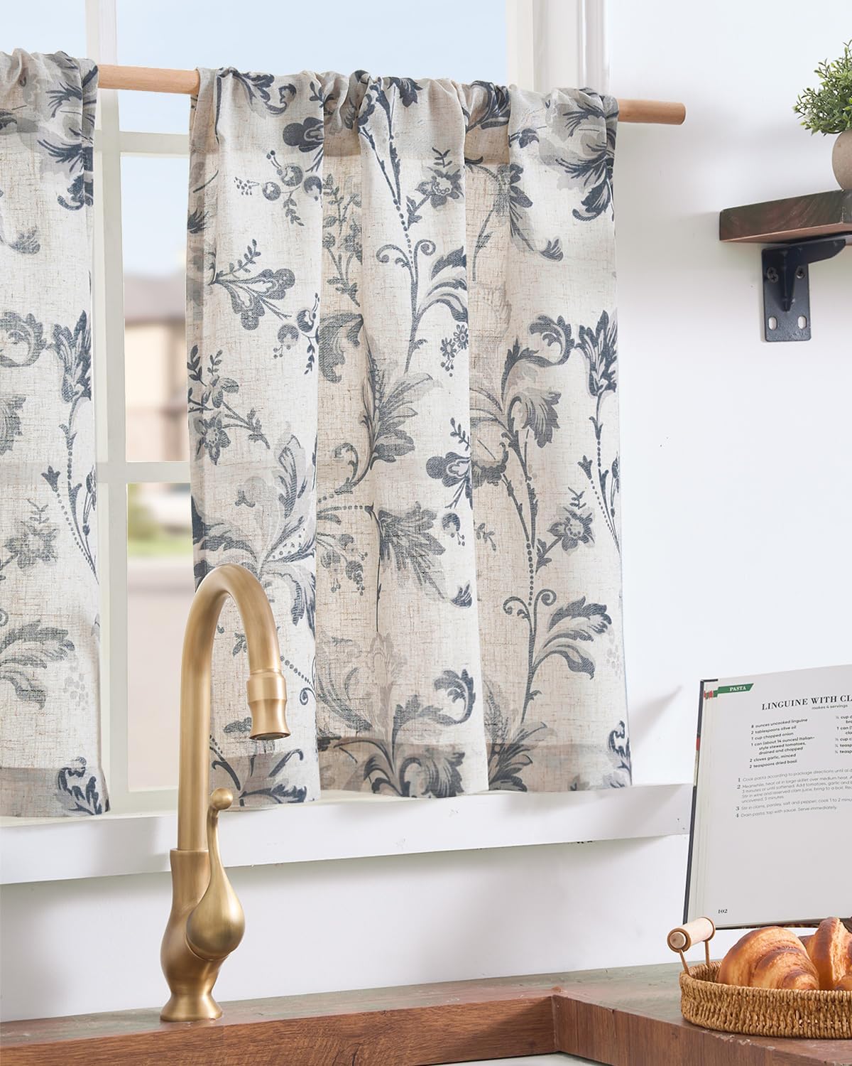 jinchan Linen Kitchen Curtains 24 Inch Vintage Floral Tier Curtains Farmhouse Cottage Cafe Rod Pocket Country Small Window for Laundry Room Bathroom RV 2 Panels Blue on Beige
