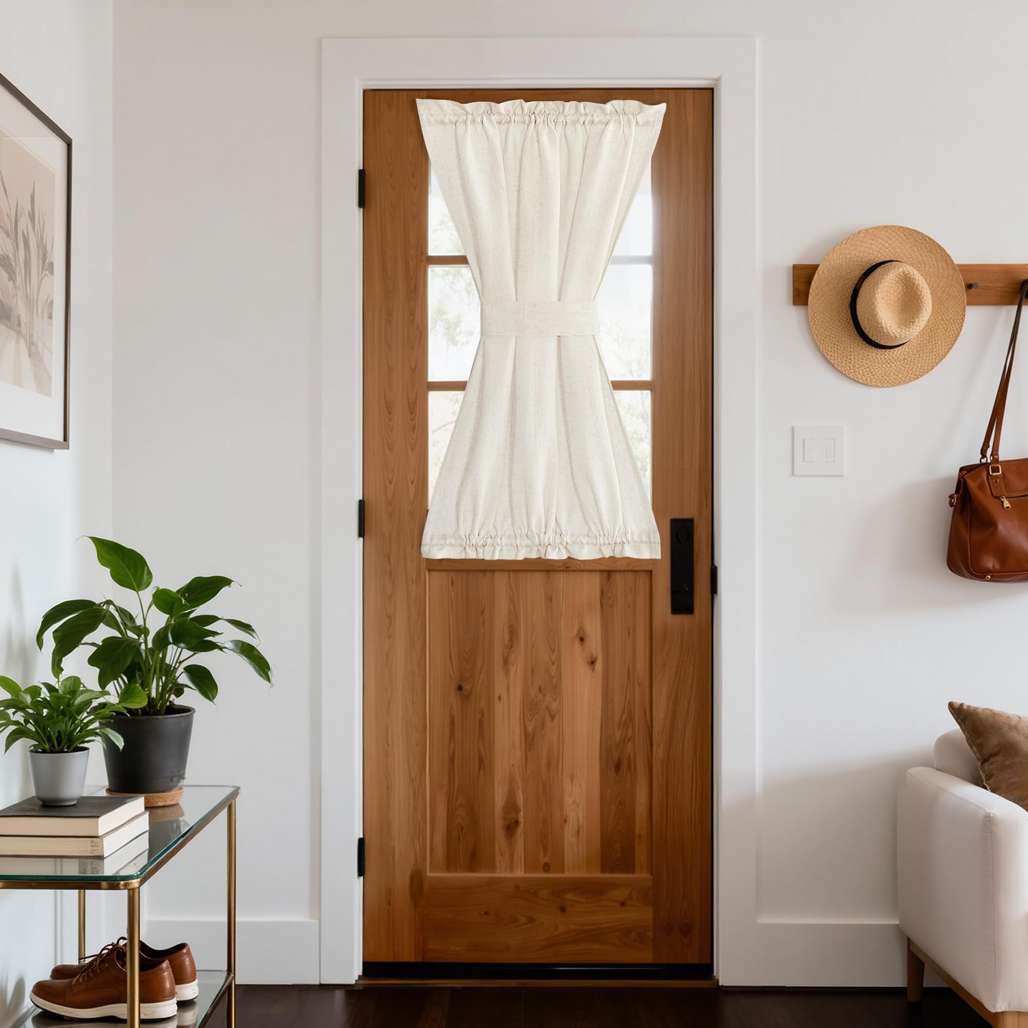 NICETOWN Front Door Curtain - Soft Beige Linen Weave Pattern Door Shade for Windows Light Filtering Rod Pocket French Window Cover for Entryway/Garage with Tieback, 1 Panel, 26" W x 40" L