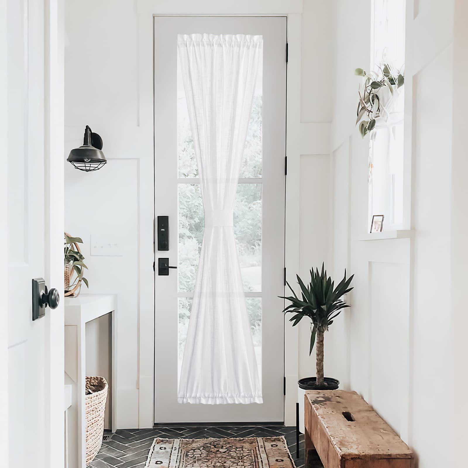 NICETOWN Front Door Curtain - Soft Beige Linen Weave Pattern Door Shade for Windows Light Filtering Rod Pocket French Window Cover for Entryway/Garage with Tieback, 1 Panel, 26" W x 40" L