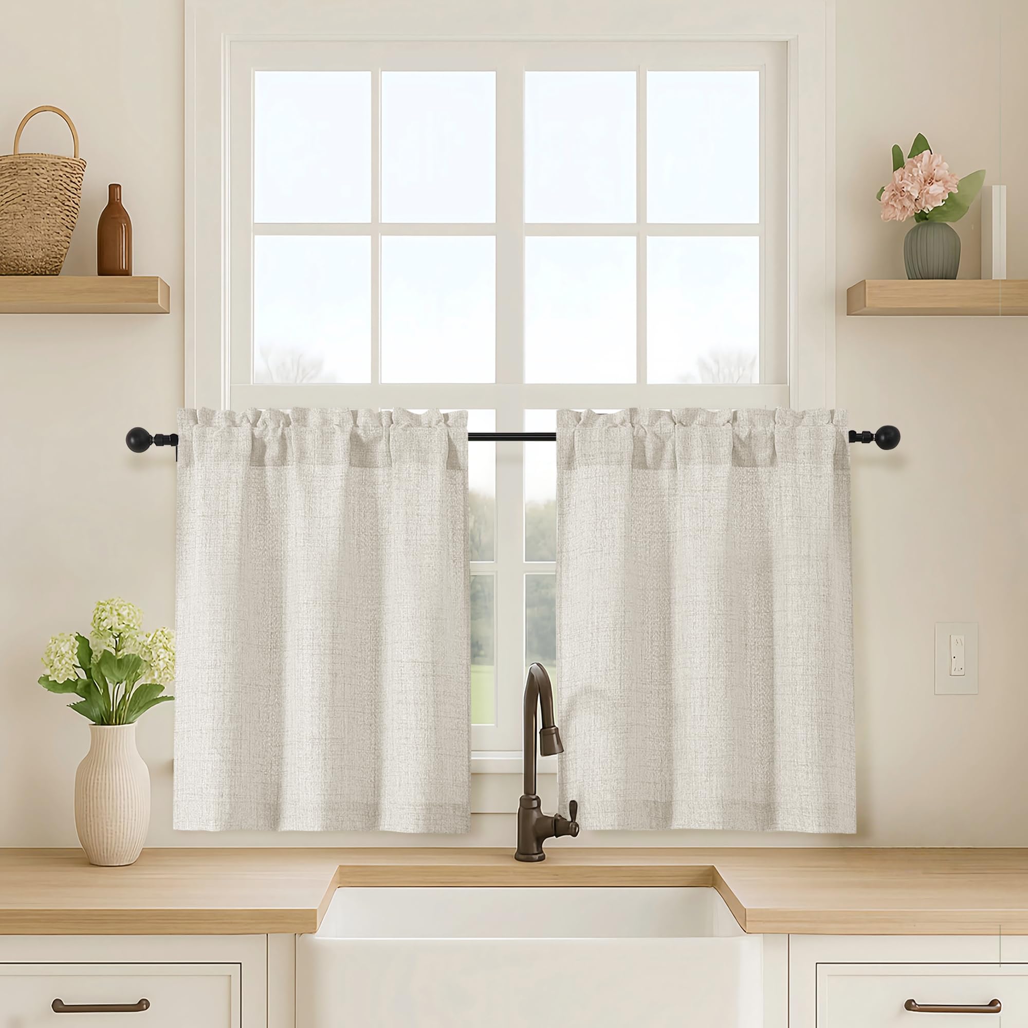 OVZME Kitchen Curtains 24 Inch Length, Light Filtering Faux Linen Textured Small Cafe Curtains, Short Window Curtain Tiers for Cabinet Bathroom Basement RV Camper, 30Wx24L Inch, 2PCS, Terracotta