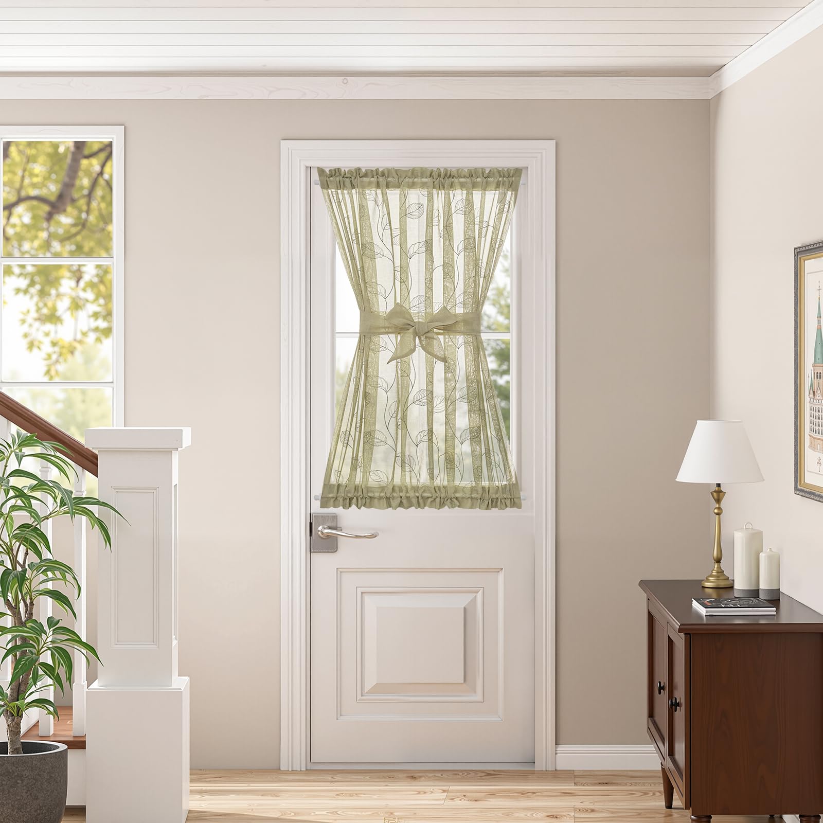 jinchan French Door Curtain Privacy Boho Embroidered Semi Sheer Voile Front Curtain for Window Doorway Closet, Door Panel with Tieback Rod Pocket 1 Panel (White on Beige, 55W x 40L Inch)