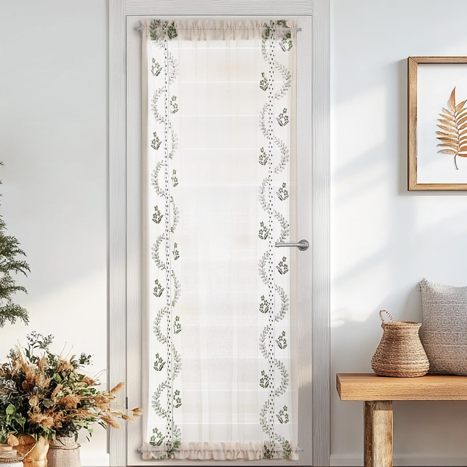 jinchan French Door Curtain Privacy Boho Embroidered Semi Sheer Voile Front Curtain for Window Doorway Closet, Door Panel with Tieback Rod Pocket 1 Panel (White on Beige, 55W x 40L Inch)