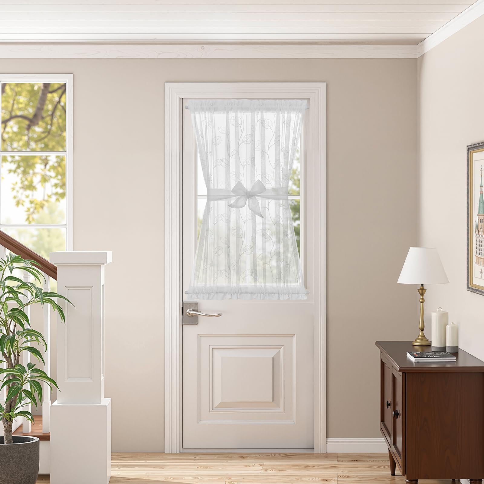 jinchan French Door Curtain Privacy Boho Embroidered Semi Sheer Voile Front Curtain for Window Doorway Closet, Door Panel with Tieback Rod Pocket 1 Panel (White on Beige, 55W x 40L Inch)