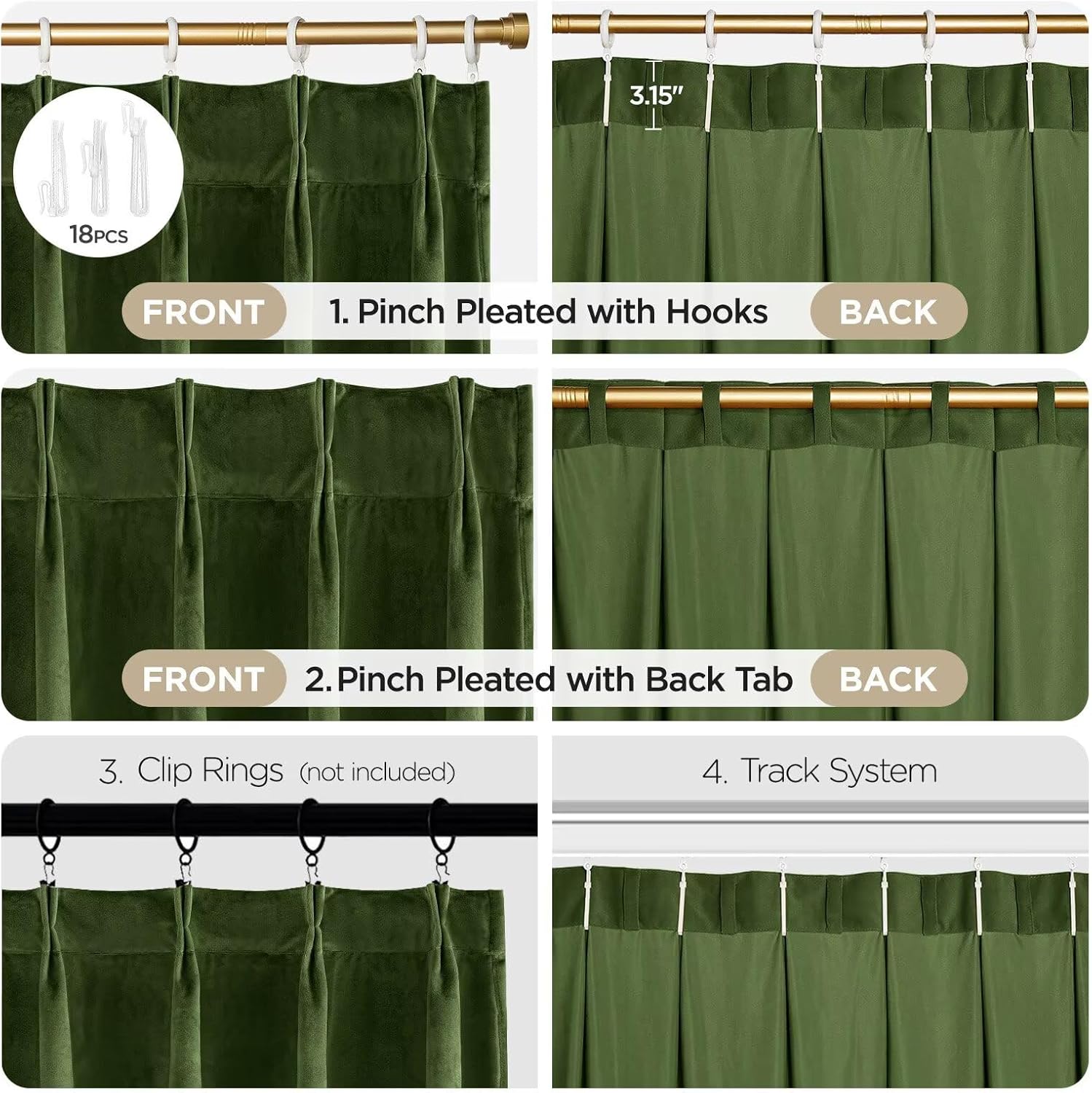 Joydeco Pinch Pleated Velvet Curtains 84 Inch Long 2 Panel Set,Green Curtains for Living Room Bedroom,Thermal Insulated Back Tab Blackout Luxury Drapes with Adjustable Hooks (40”W x84”L,Olive Green)