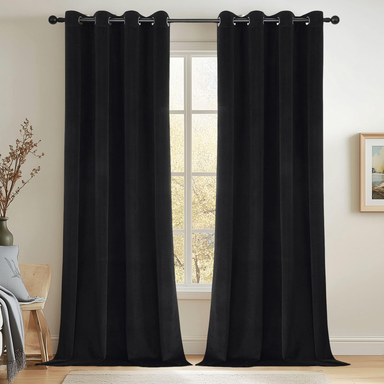 Joydeco Black 100% Blackout Curtains 84 Inch 2 Panels, Luxury Thermal Insulated Black Velvet Curtains for Bedroom Living Room, Soundproof Blackout Window Drapes, Rod Pocket & Back Tab (52W x 84L)
