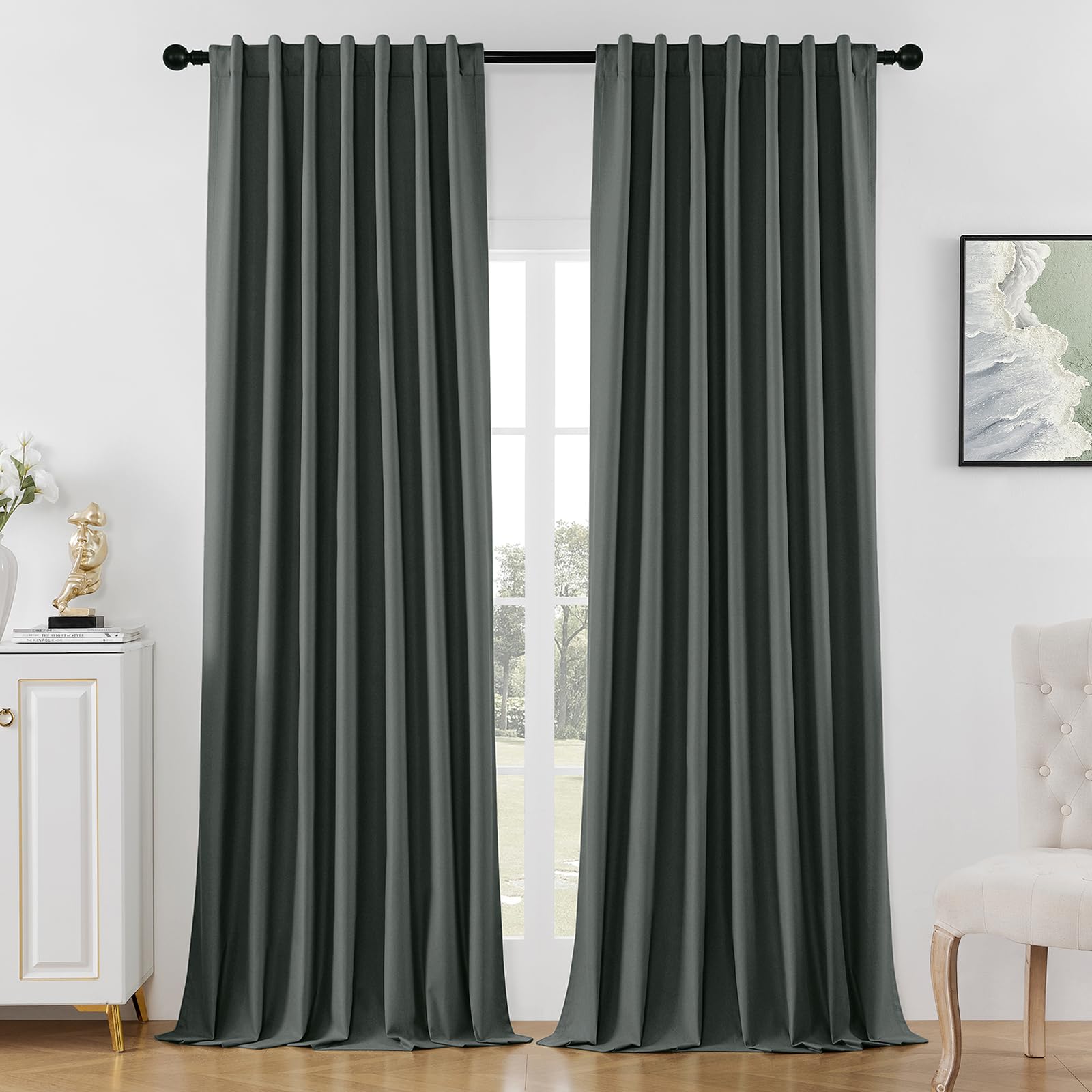 Joydeco White Blackout Curtains 96 Inches Long - 100% Blackout Curtain 2 Panel Set, Rod Pocket & Back Tabs Thermal Insulated Window Drapes for Bedroom Living Room (Pure White,52" Wx96 L)