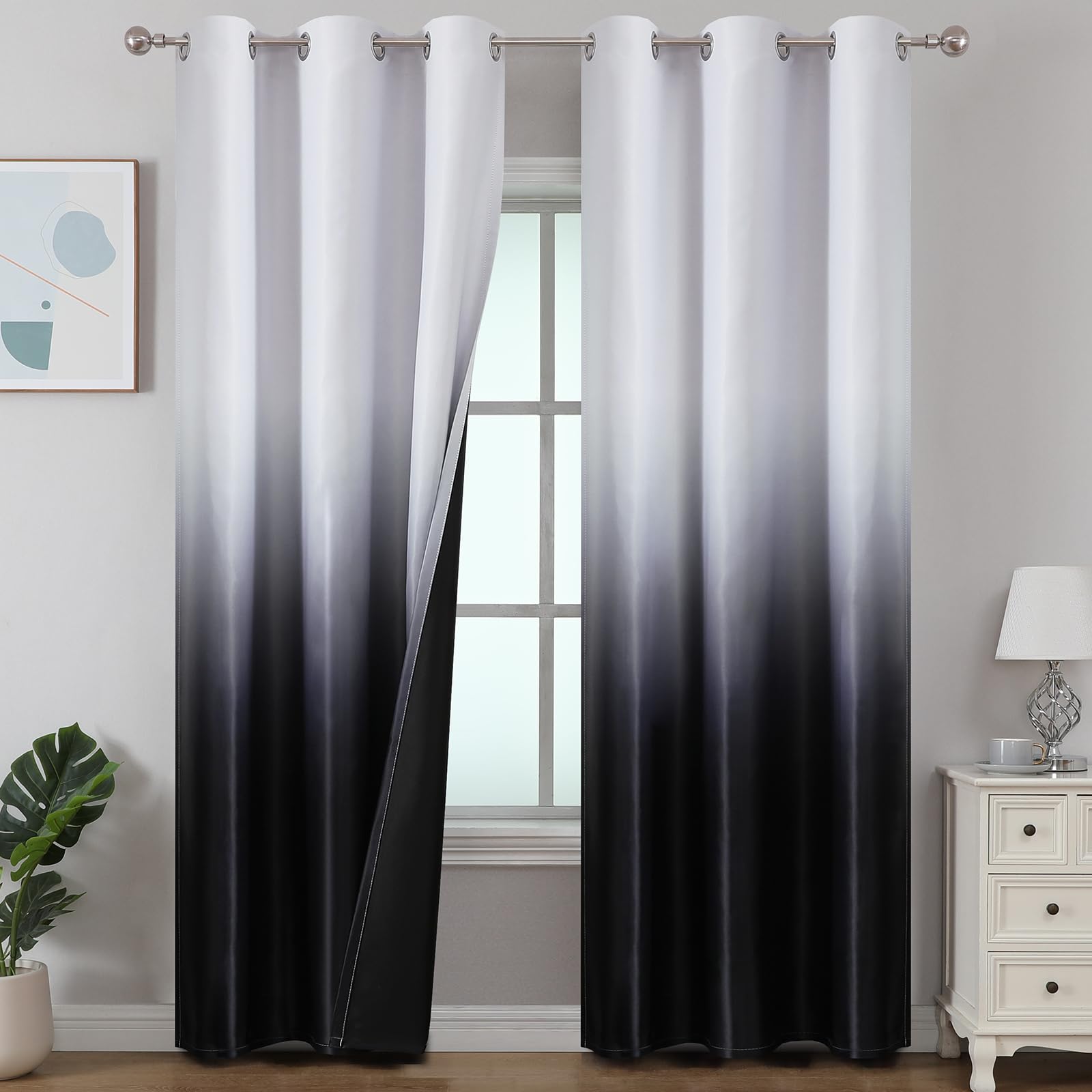 Estelar Textiler Black and Greyish White Blackout Curtains for Bedroom, Ombre Black out Curtains 84 Inch long for Living Room,Room Darkening Thermal Insulated Grommet Window Drapes,52x84 Inch,2 Panels