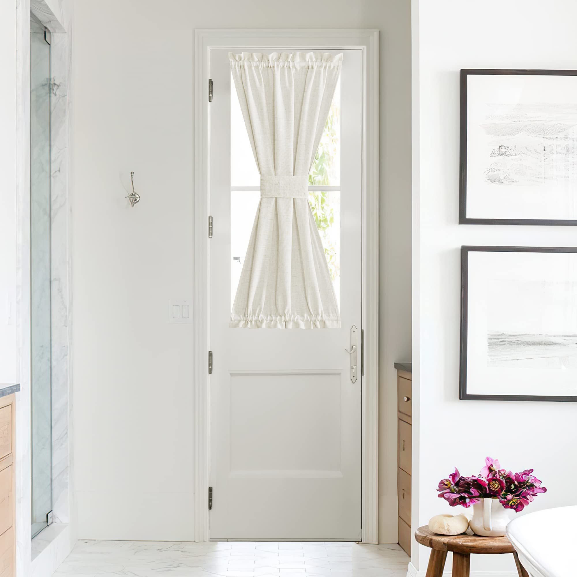 NICETOWN Front Door Curtain - Soft Beige Linen Weave Pattern Door Shade for Windows Light Filtering Rod Pocket French Window Cover for Entryway/Garage with Tieback, 1 Panel, 26" W x 40" L