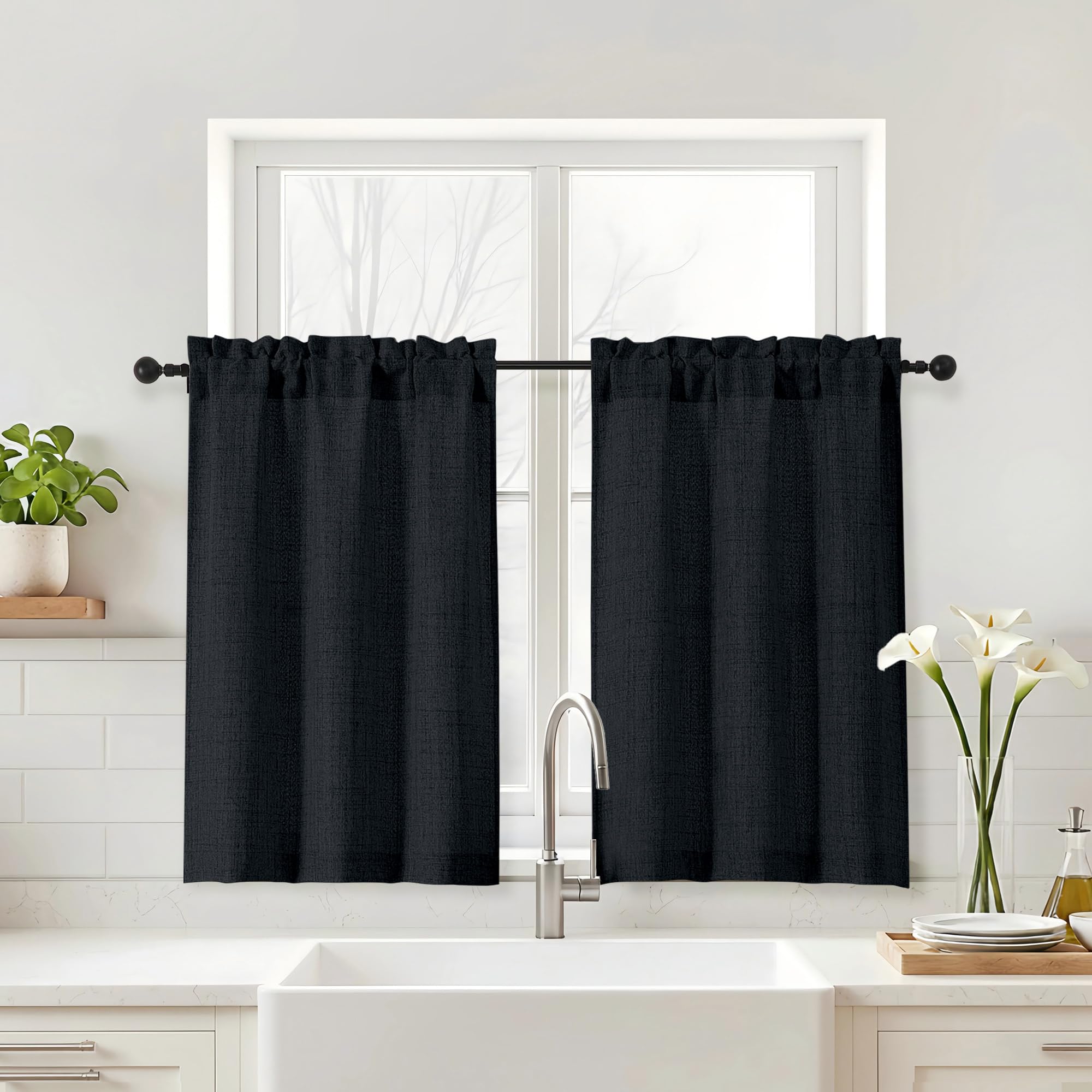 Navy Blue Kitchen Curtains 24 Inch Length - Faux Linen Textured Light Filtering Short Curtains for Bathroom, Rod Pocket Small Kitchen Window Curtains Over Sink, 2 Panels, 30Wx24L Inches