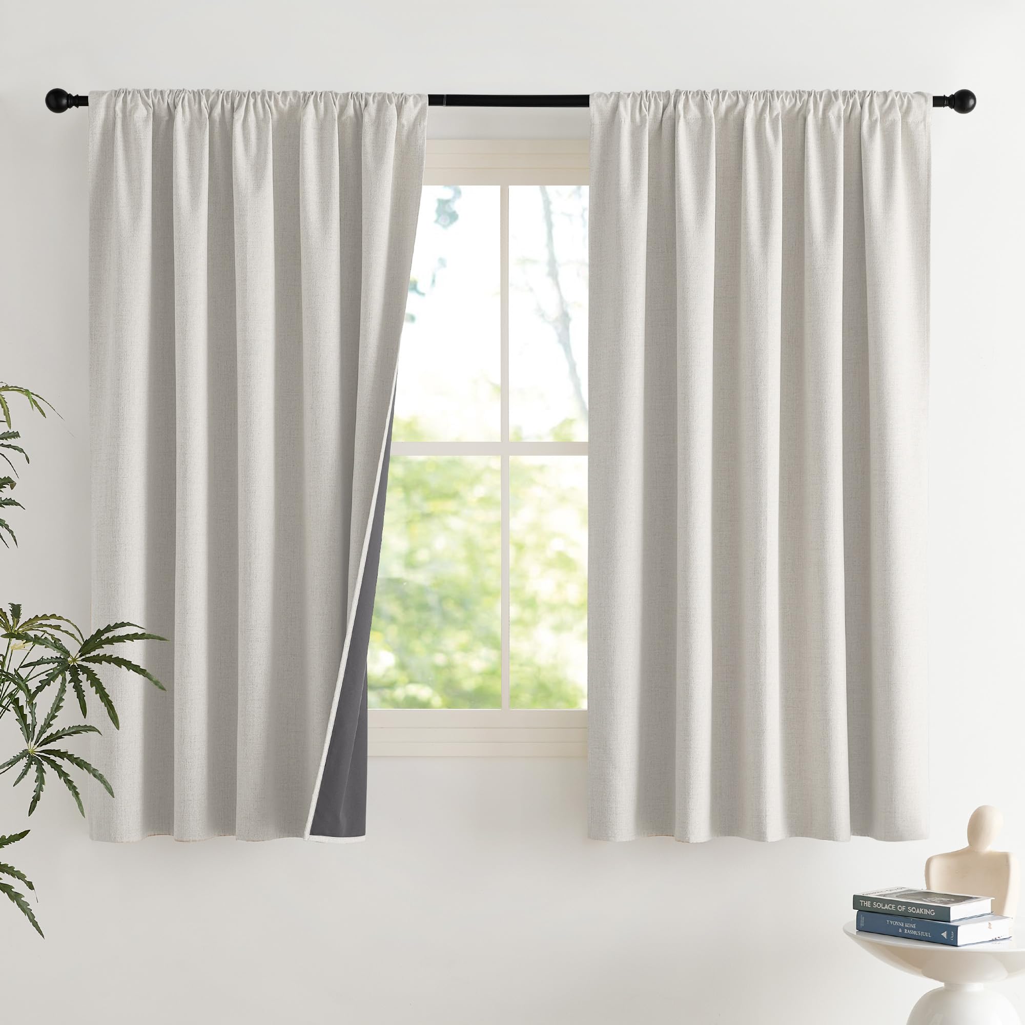 NICETOWN 100% Blackout Curtains for Bedroom, Living Room - Linen Textured Thermal Insulated Drapes Rod Pocket Top, Black Out Curtains with Grey Liner for Privacy, Natural, W52 x L80 in, 2 Panels