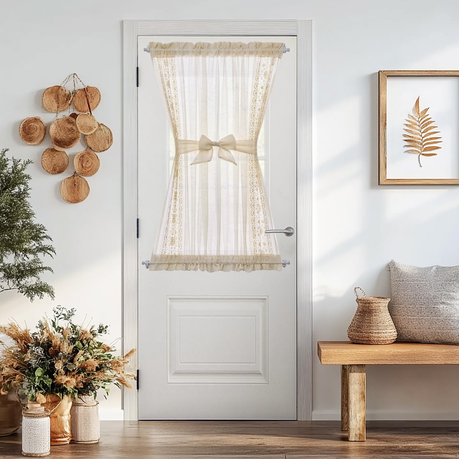 jinchan French Door Curtain Privacy Boho Embroidered Semi Sheer Voile Front Curtain for Window Doorway Closet, Door Panel with Tieback Rod Pocket 1 Panel (White on Beige, 55W x 40L Inch)