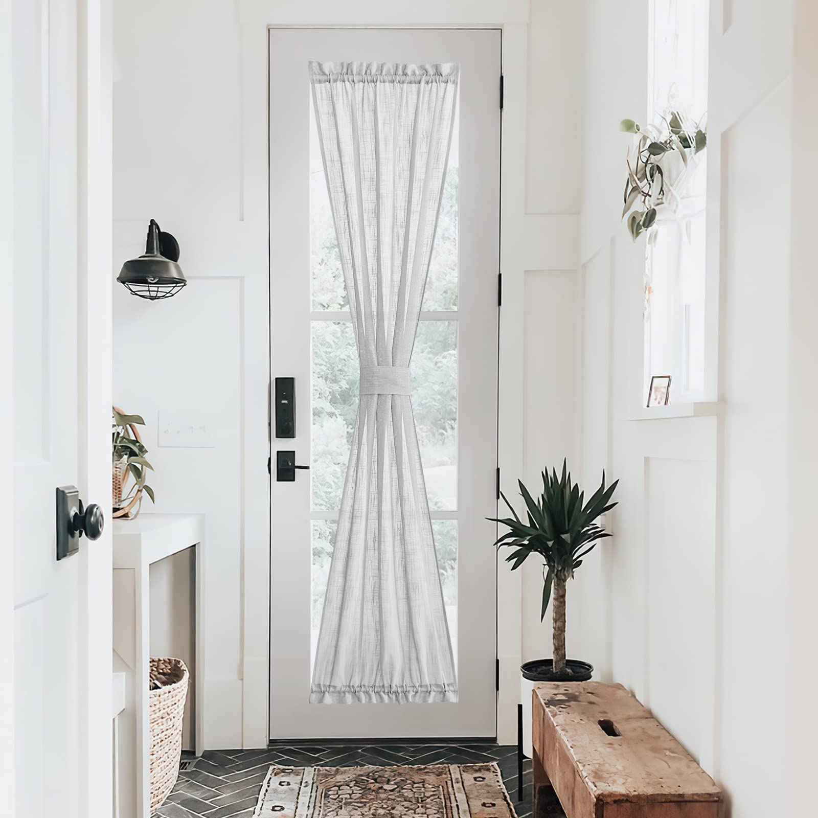 NICETOWN Front Door Curtain - Soft Beige Linen Weave Pattern Door Shade for Windows Light Filtering Rod Pocket French Window Cover for Entryway/Garage with Tieback, 1 Panel, 26" W x 40" L