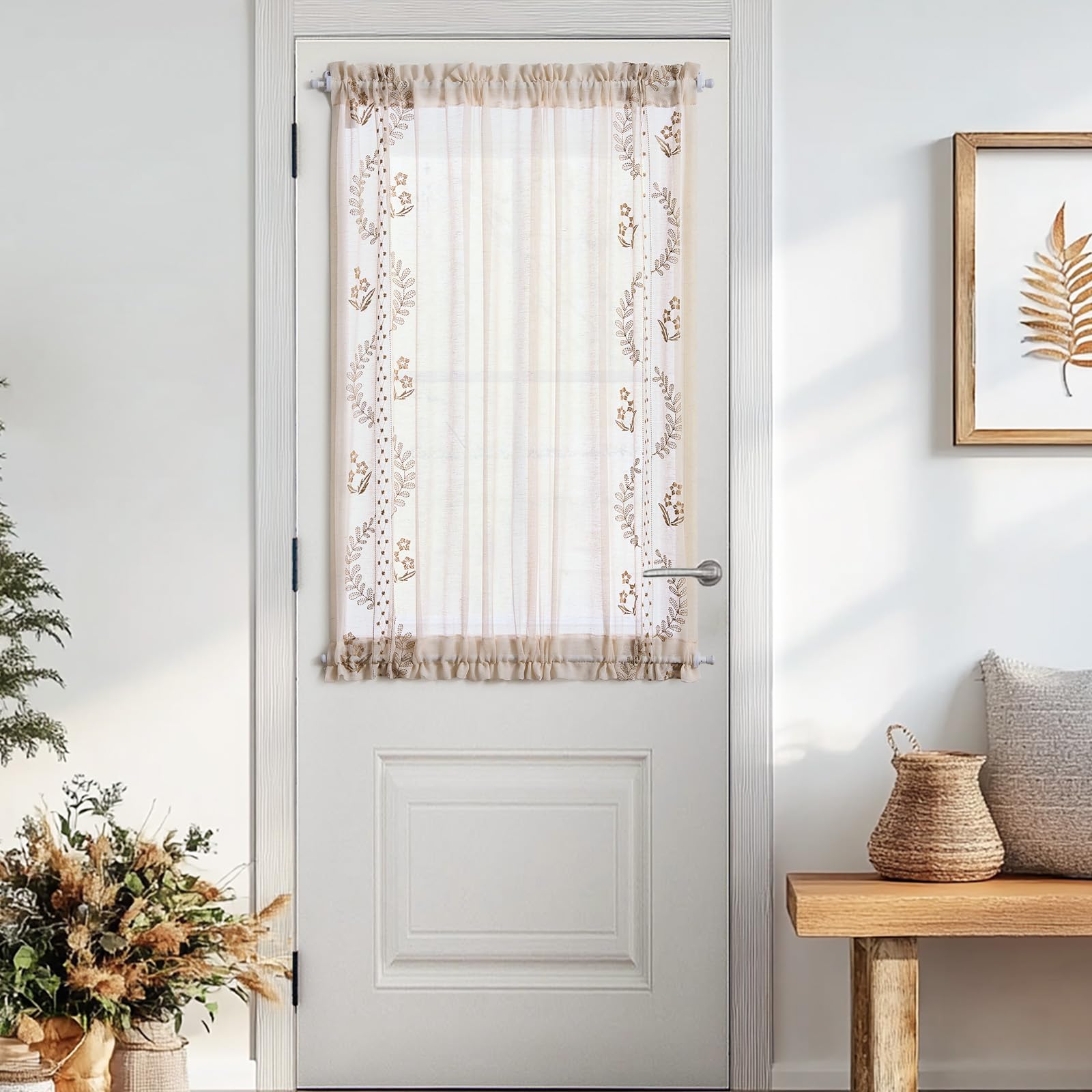 jinchan French Door Curtain Privacy Boho Embroidered Semi Sheer Voile Front Curtain for Window Doorway Closet, Door Panel with Tieback Rod Pocket 1 Panel (White on Beige, 55W x 40L Inch)