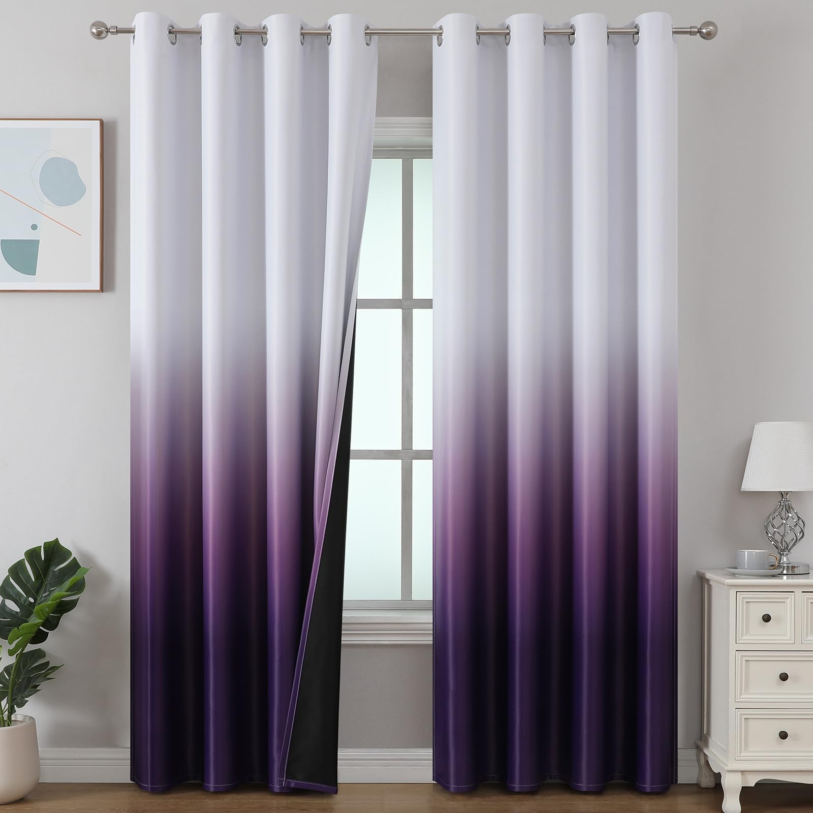 Estelar Textiler Black and Greyish White Blackout Curtains for Bedroom, Ombre Black out Curtains 84 Inch long for Living Room,Room Darkening Thermal Insulated Grommet Window Drapes,52x84 Inch,2 Panels