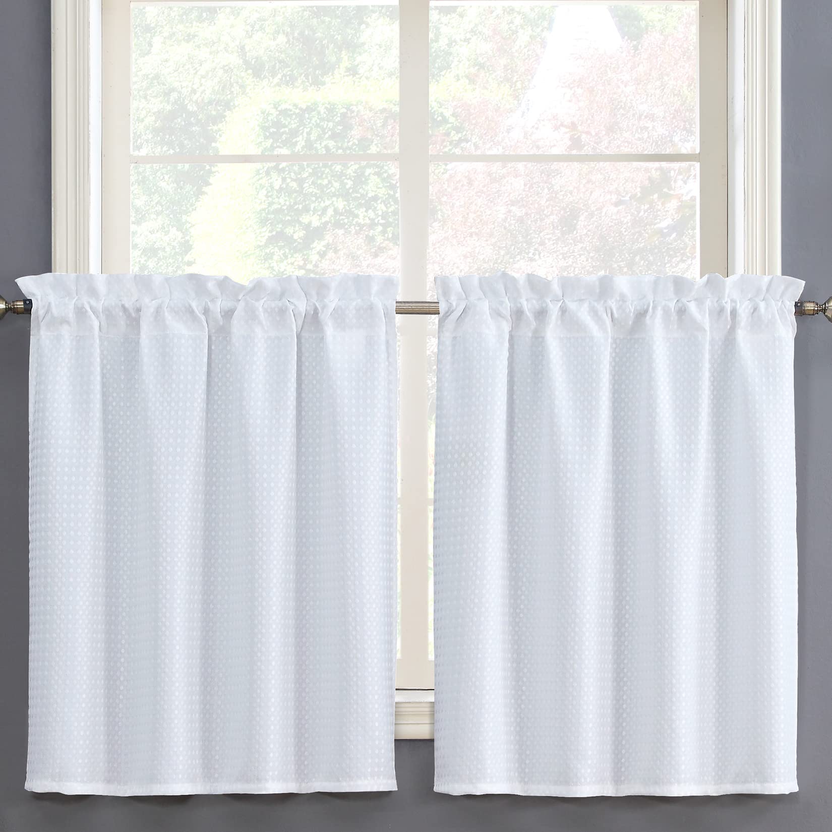 Home Queen White Water Resistant Bathroom Window Curtain, Waffle Textured Half Tier Curtains for Kitchen Cafe, 36" W X 24" L Inches, Set of 2