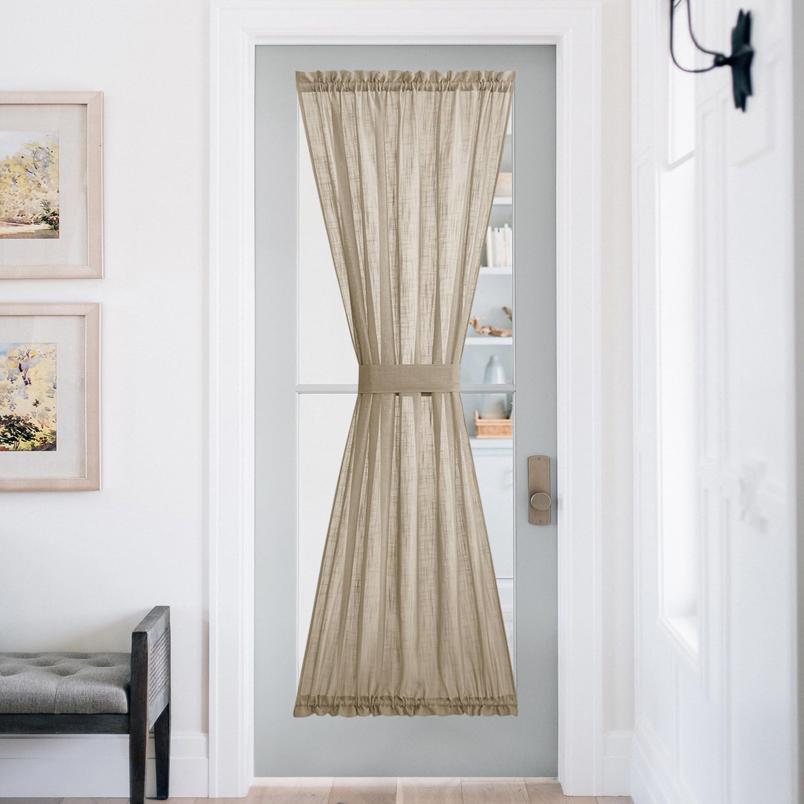 NICETOWN Front Door Curtain - Soft Beige Linen Weave Pattern Door Shade for Windows Light Filtering Rod Pocket French Window Cover for Entryway/Garage with Tieback, 1 Panel, 26" W x 40" L