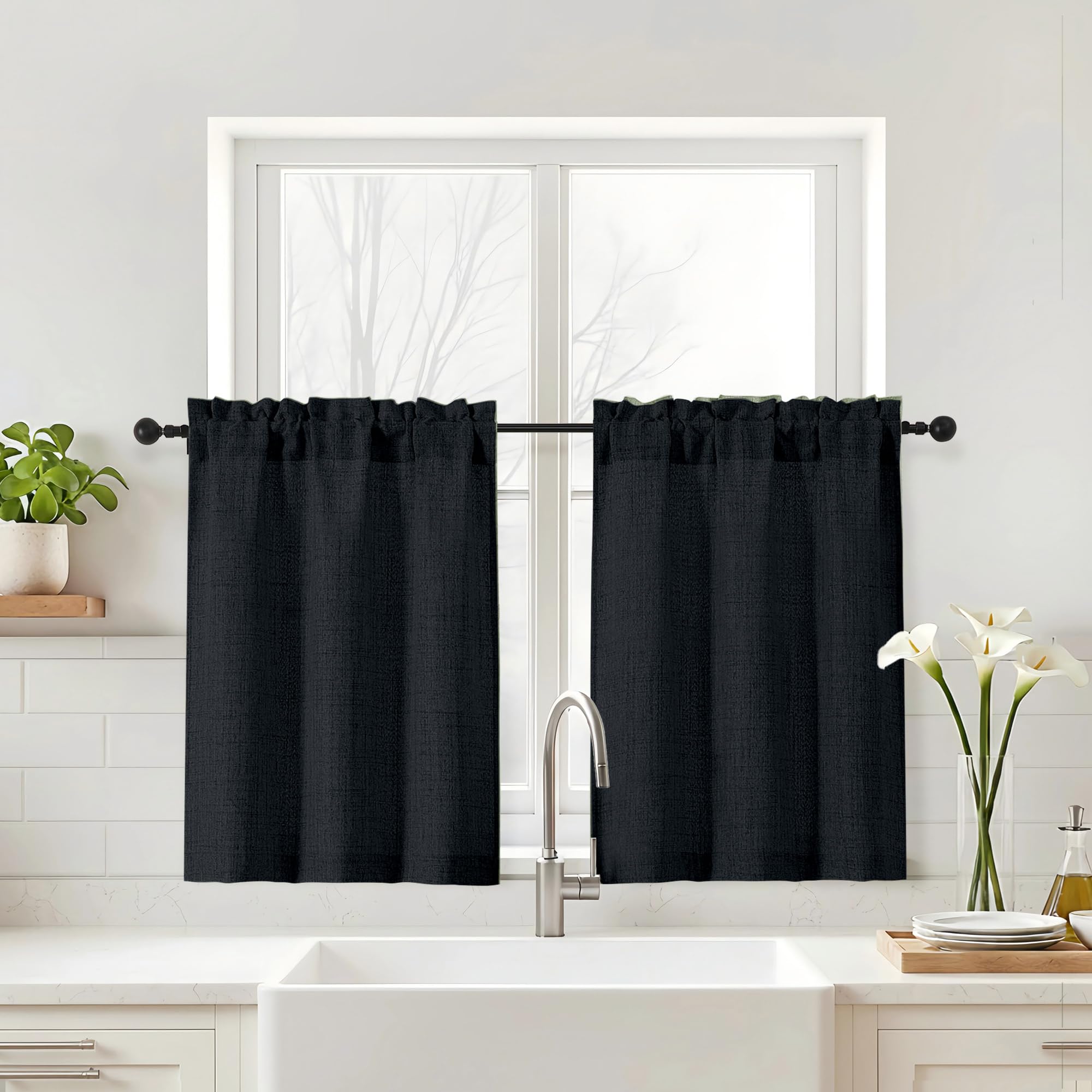 Navy Blue Kitchen Curtains 24 Inch Length - Faux Linen Textured Light Filtering Short Curtains for Bathroom, Rod Pocket Small Kitchen Window Curtains Over Sink, 2 Panels, 30Wx24L Inches