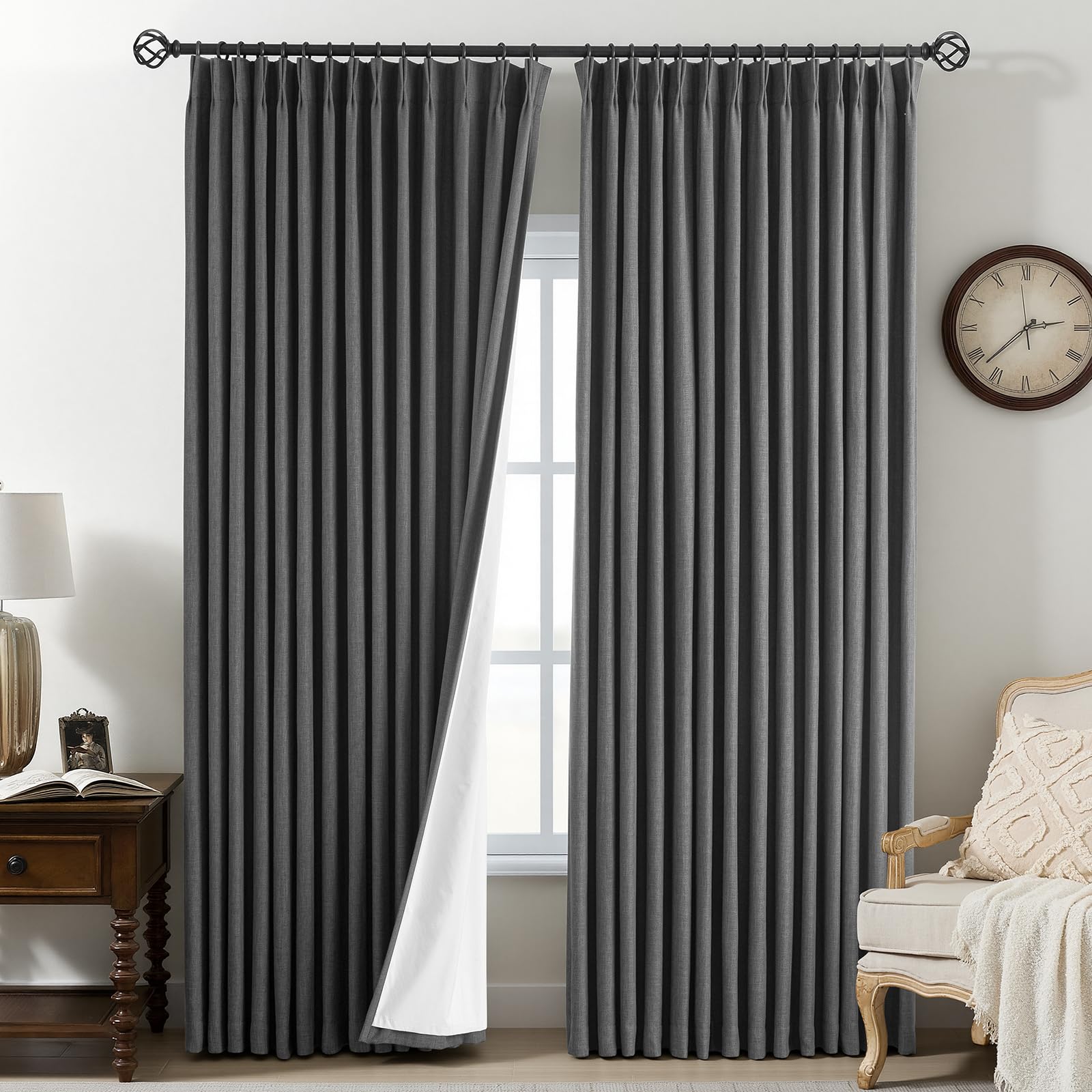 Pinch Pleated Curtains 100% Blackout Linen Curtains 95 Inches Long for Bedroom Living Room, Natural Memory Trained Thermal Insulated Room Darkening Window Pleat Drapes with Hooks, 2 Panels, 40"Wx95"L