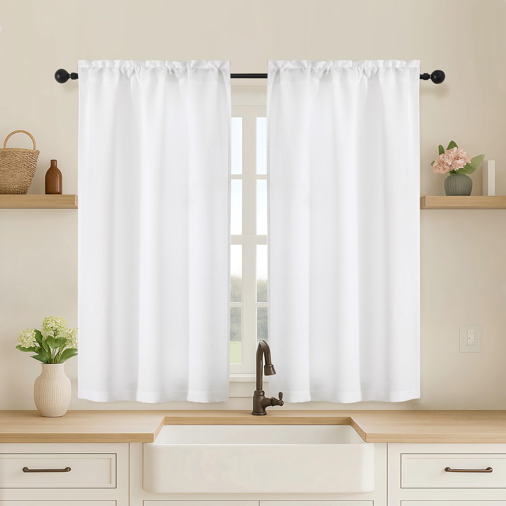 OVZME Kitchen Curtains 24 Inch Length, Light Filtering Faux Linen Textured Small Cafe Curtains, Short Window Curtain Tiers for Cabinet Bathroom Basement RV Camper, 30Wx24L Inch, 2PCS, Terracotta