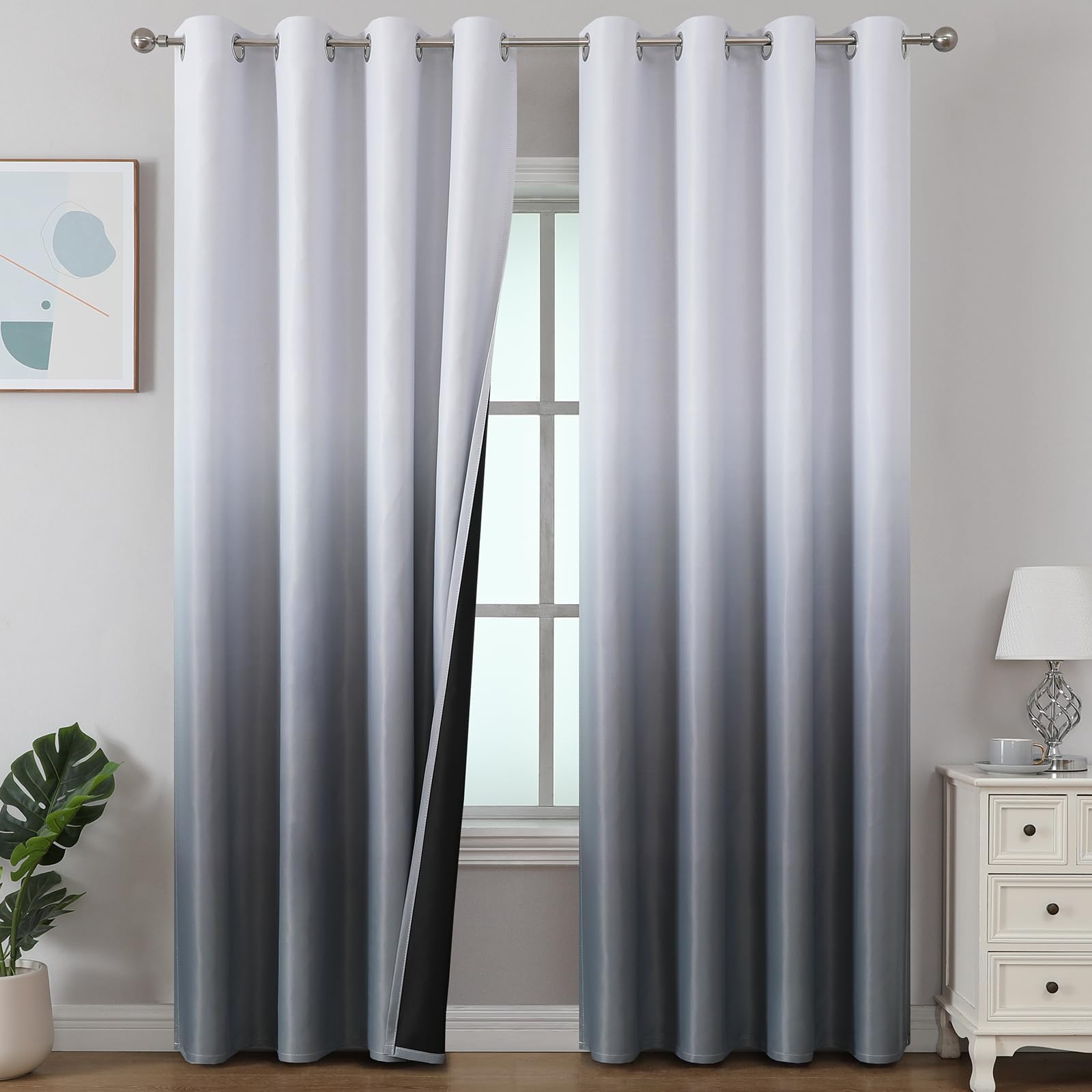 Estelar Textiler Black and Greyish White Blackout Curtains for Bedroom, Ombre Black out Curtains 84 Inch long for Living Room,Room Darkening Thermal Insulated Grommet Window Drapes,52x84 Inch,2 Panels