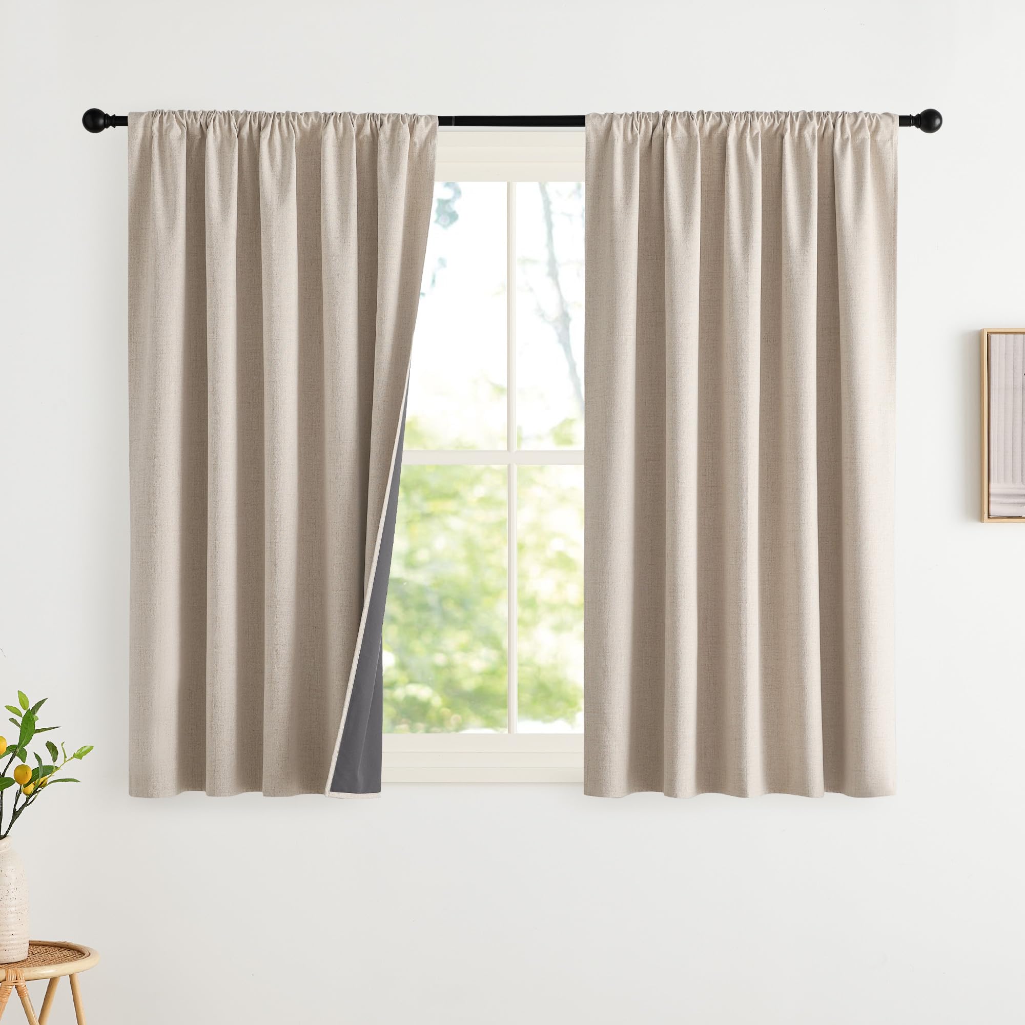 NICETOWN 100% Blackout Curtains for Bedroom, Living Room - Linen Textured Thermal Insulated Drapes Rod Pocket Top, Black Out Curtains with Grey Liner for Privacy, Natural, W52 x L80 in, 2 Panels