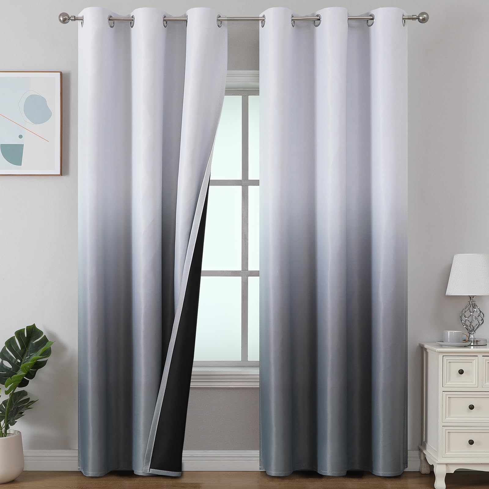 Estelar Textiler Black and Greyish White Blackout Curtains for Bedroom, Ombre Black out Curtains 84 Inch long for Living Room,Room Darkening Thermal Insulated Grommet Window Drapes,52x84 Inch,2 Panels