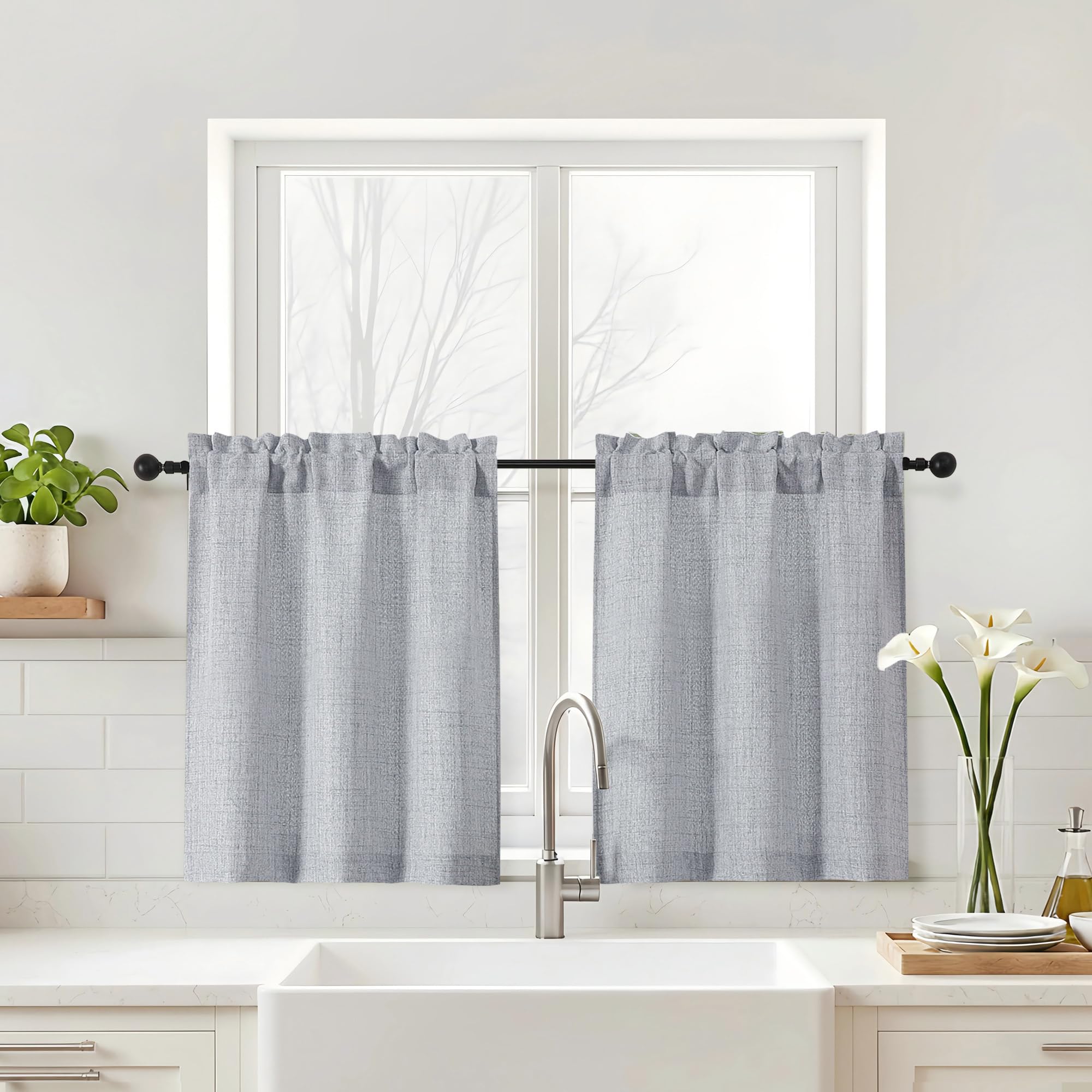 Navy Blue Kitchen Curtains 24 Inch Length - Faux Linen Textured Light Filtering Short Curtains for Bathroom, Rod Pocket Small Kitchen Window Curtains Over Sink, 2 Panels, 30Wx24L Inches