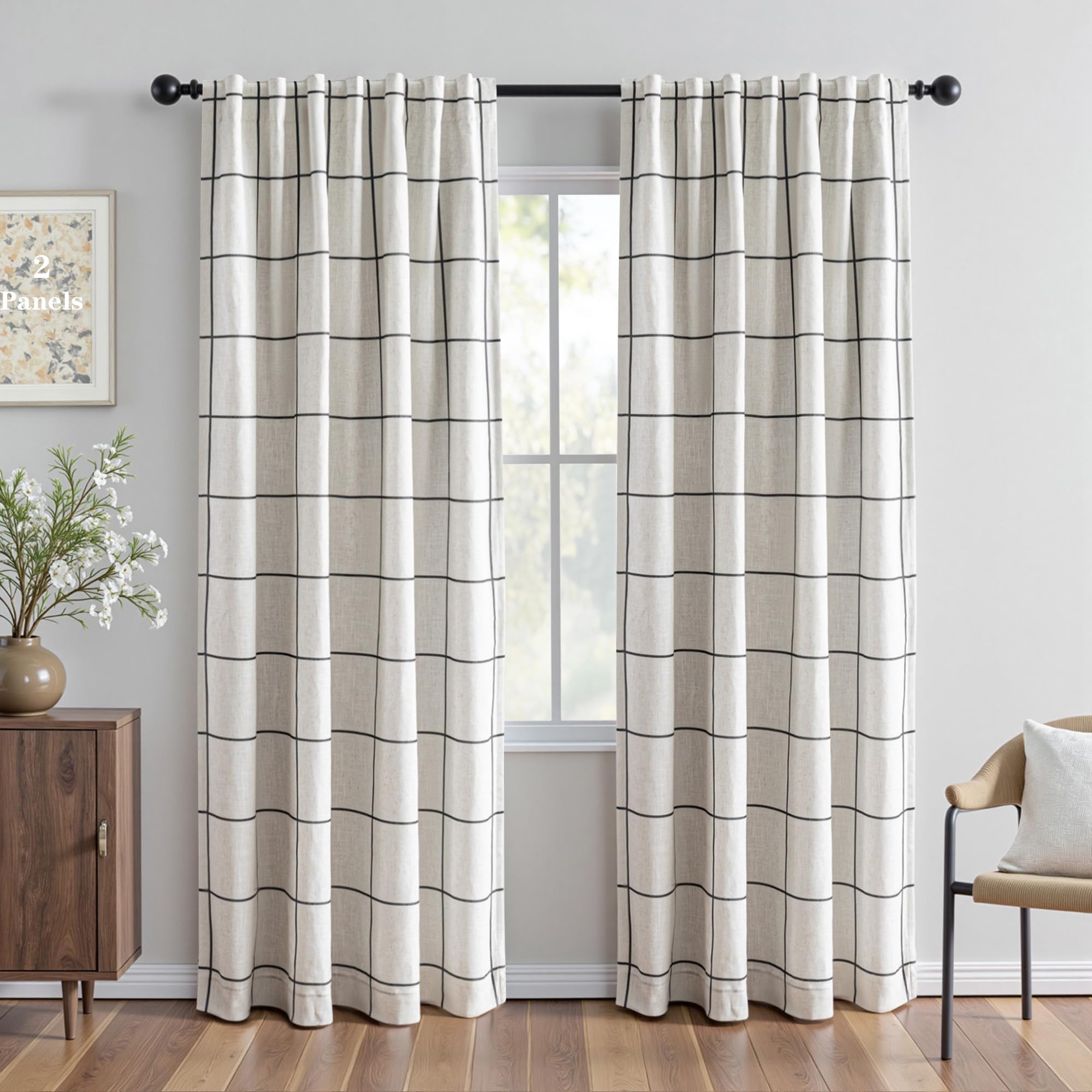 MYSKY HOME 100% Blackout Plaid Farmhouse Linen Curtains 84 Inch Long 2 Panels Set for Living Room Double Layer Windowpane Drapes Thermal Insulated Privacy Protection Rod Pocket Back Tab, 52" W, Black