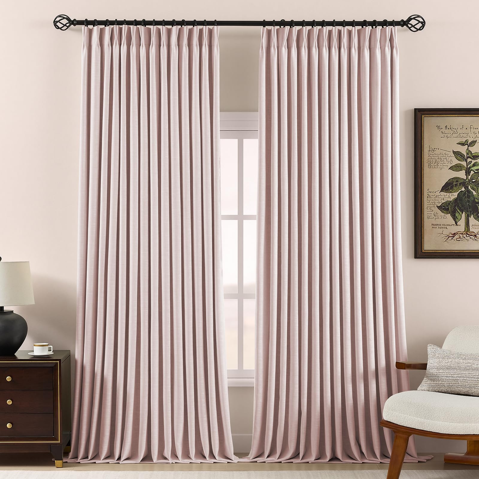 Pinch Pleated Curtains 100% Blackout Linen Curtains 95 Inches Long for Bedroom Living Room, Natural Memory Trained Thermal Insulated Room Darkening Window Pleat Drapes with Hooks, 2 Panels, 40"Wx95"L