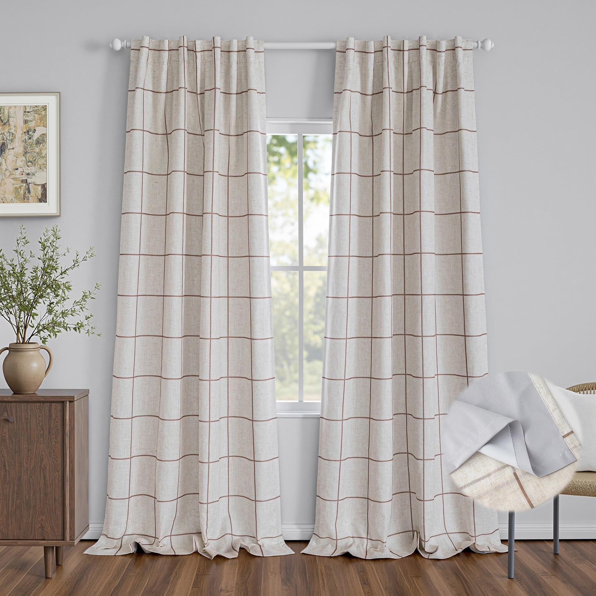 MYSKY HOME 100% Blackout Plaid Farmhouse Linen Curtains 84 Inch Long 2 Panels Set for Living Room Double Layer Windowpane Drapes Thermal Insulated Privacy Protection Rod Pocket Back Tab, 52" W, Black