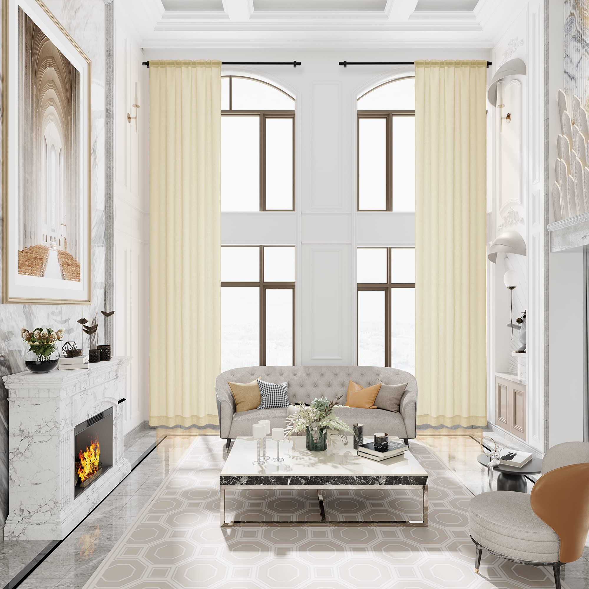 MASWOND Extra Long Faux Linen Sheer Curtain, High Ceilings, Rod Pocket Translucent Voile Sheer Breathable Curtain Panels for Living Room, Custom Made 16ft Length, 50" W x 192" L, White, 1 Panel