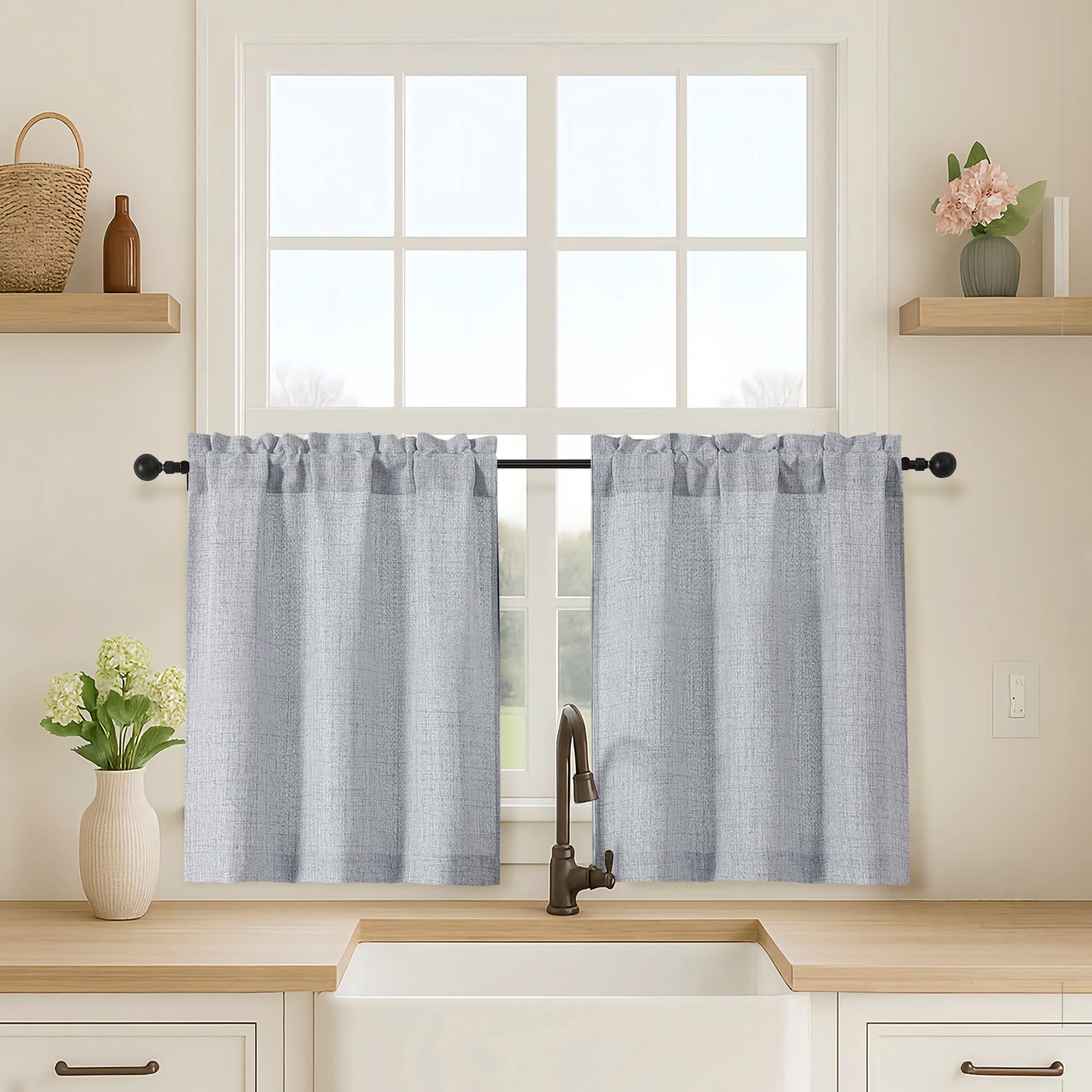 OVZME Kitchen Curtains 24 Inch Length, Light Filtering Faux Linen Textured Small Cafe Curtains, Short Window Curtain Tiers for Cabinet Bathroom Basement RV Camper, 30Wx24L Inch, 2PCS, Terracotta