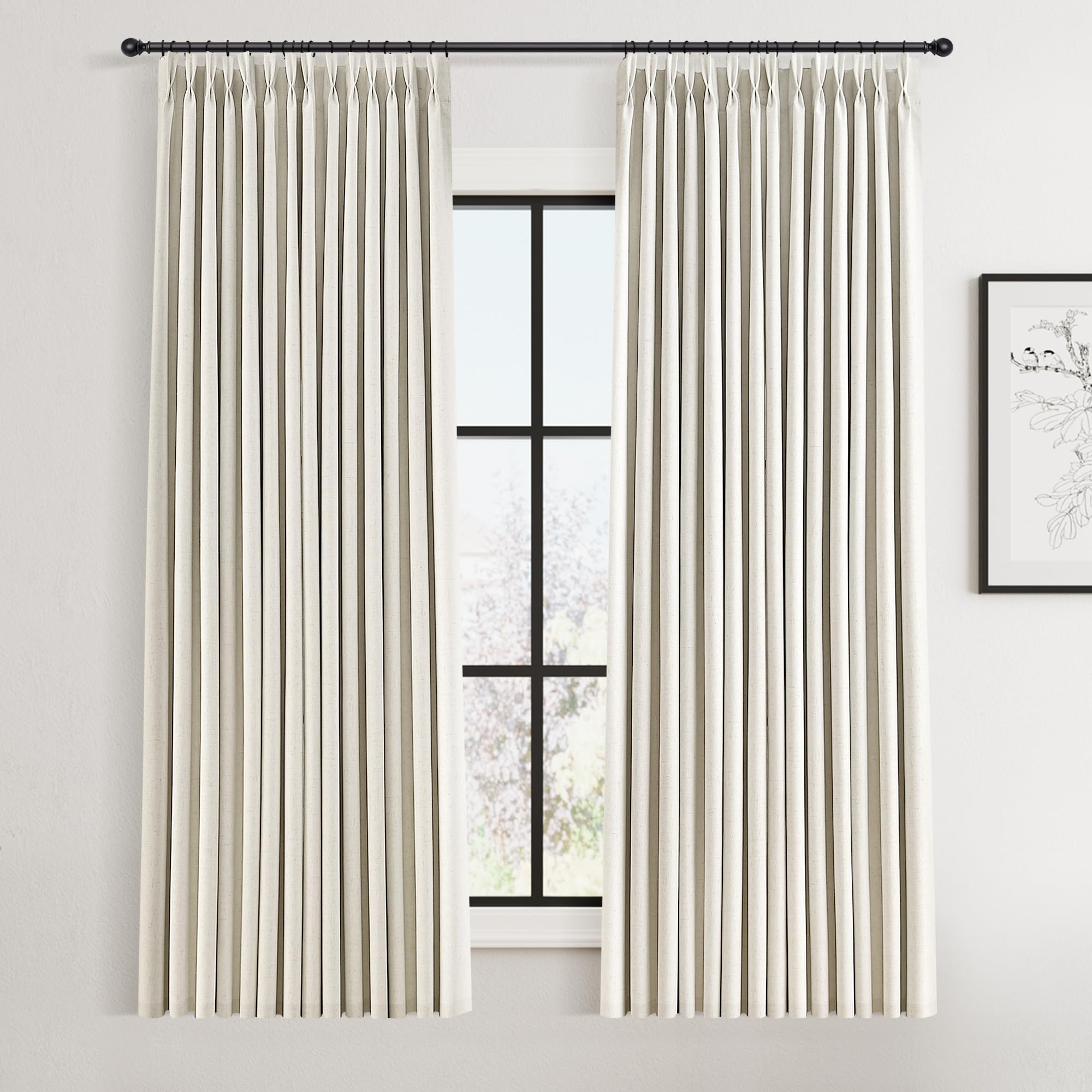 100% Blackout Sage Green Linen Curtains Pinch Pleated Green Blackout Curtains 84 Inches Long for Bedroom Living Room Memory Shaped Thermal Insulated Pinch Pleat Drapes with Hooks Rings Clips 7FT