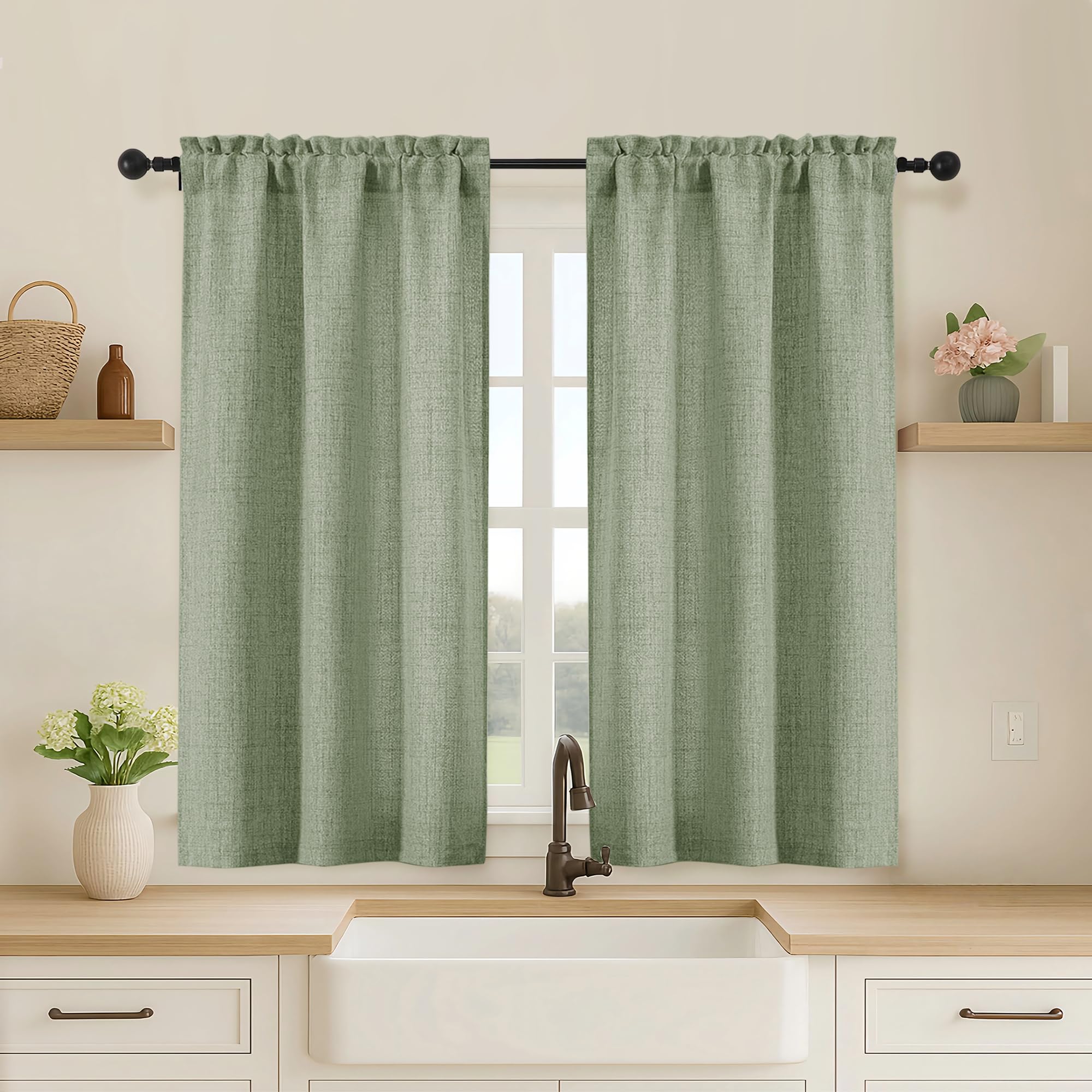 OVZME Kitchen Curtains 24 Inch Length, Light Filtering Faux Linen Textured Small Cafe Curtains, Short Window Curtain Tiers for Cabinet Bathroom Basement RV Camper, 30Wx24L Inch, 2PCS, Terracotta