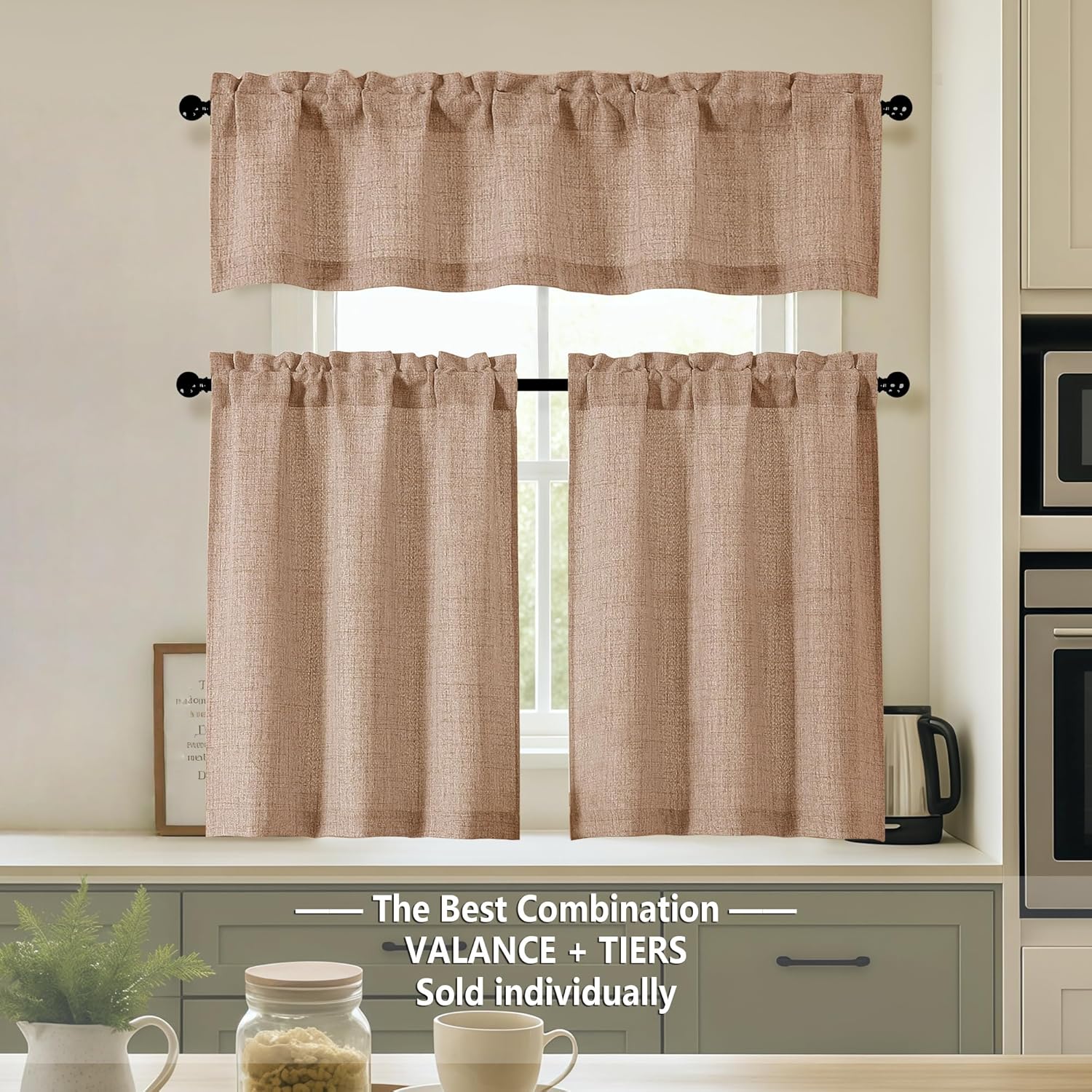 OVZME Kitchen Curtains 24 Inch Length, Light Filtering Faux Linen Textured Small Cafe Curtains, Short Window Curtain Tiers for Cabinet Bathroom Basement RV Camper, 30Wx24L Inch, 2PCS, Terracotta