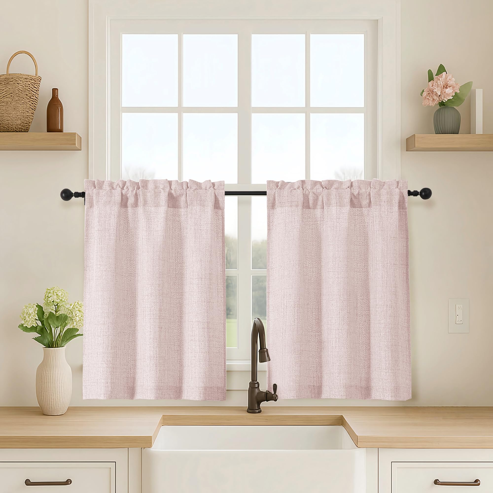 OVZME Kitchen Curtains 24 Inch Length, Light Filtering Faux Linen Textured Small Cafe Curtains, Short Window Curtain Tiers for Cabinet Bathroom Basement RV Camper, 30Wx24L Inch, 2PCS, Terracotta