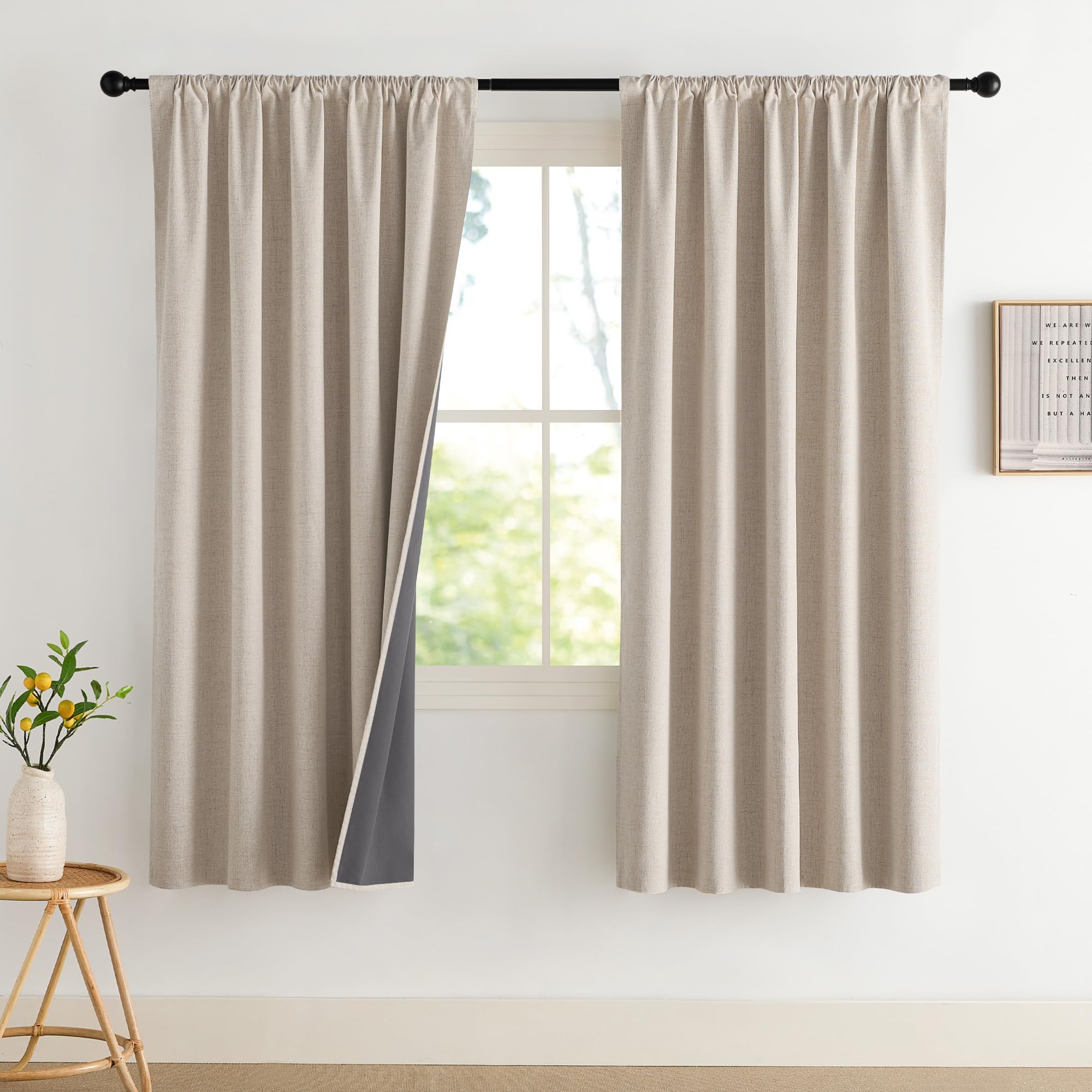 NICETOWN 100% Blackout Curtains for Bedroom, Living Room - Linen Textured Thermal Insulated Drapes Rod Pocket Top, Black Out Curtains with Grey Liner for Privacy, Natural, W52 x L80 in, 2 Panels