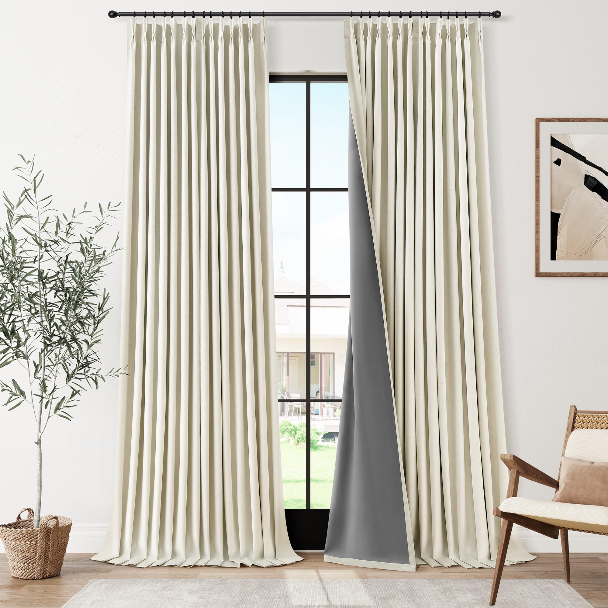 100% Blackout Sage Green Linen Curtains Pinch Pleated Green Blackout Curtains 84 Inches Long for Bedroom Living Room Memory Shaped Thermal Insulated Pinch Pleat Drapes with Hooks Rings Clips 7FT