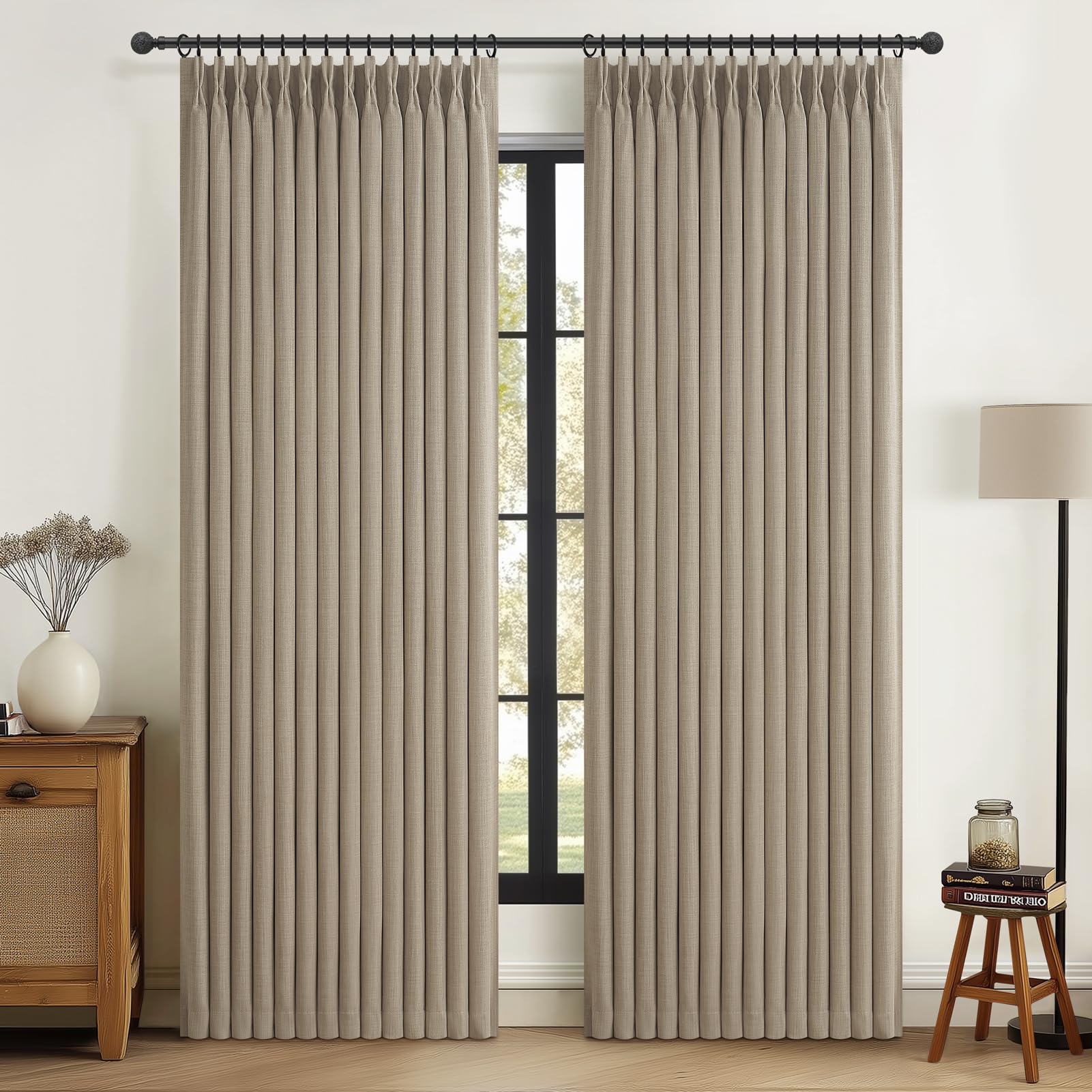100% Blackout Linen 96 Inch Curtains 2 Panel Set for Bedroom, Modern Pinch Pleated Natural Linen Off Beige White Insulated Heavy Curtain 40 x 96 Inches Length Sliding Glass Door Room Darkening Drapes