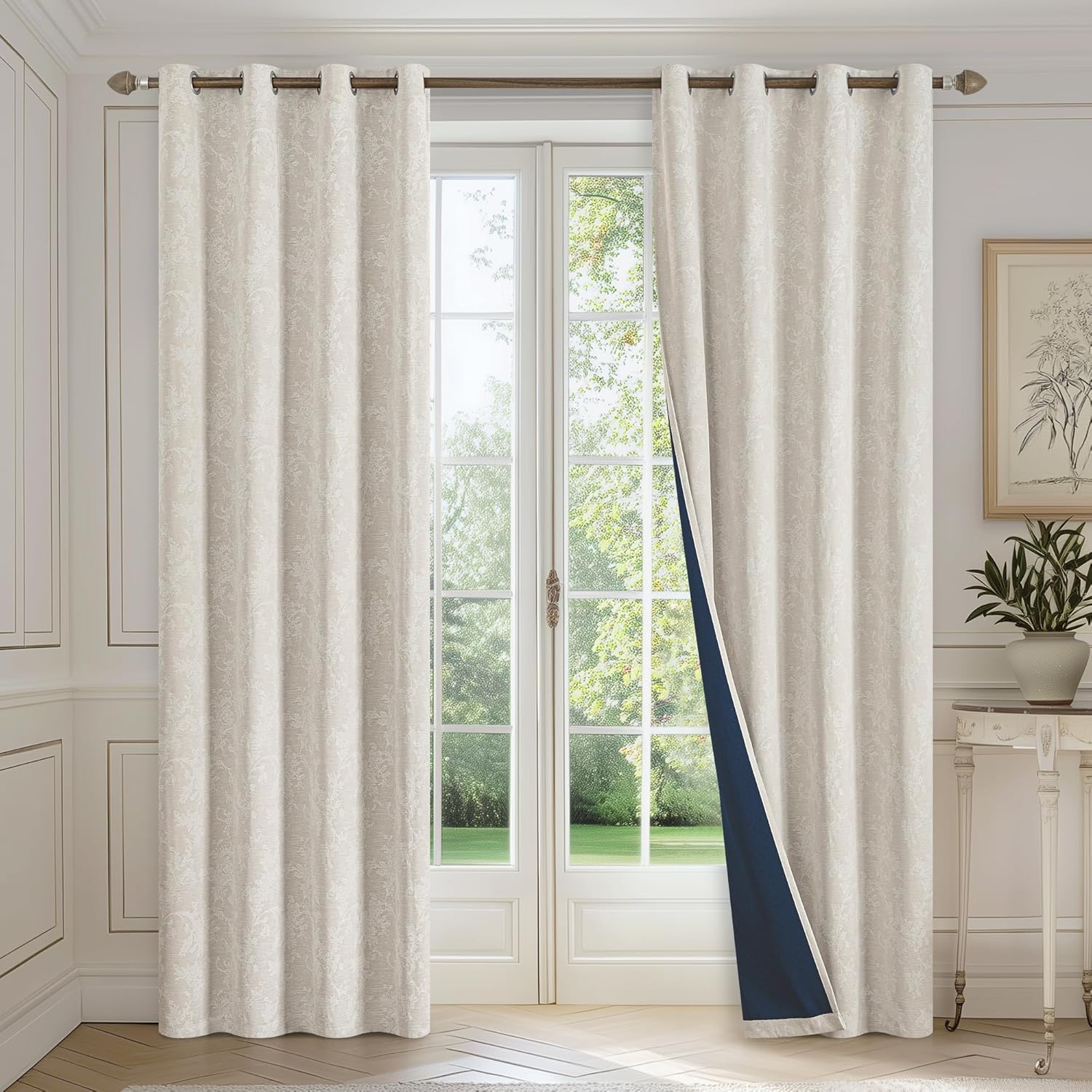 FMFUNCTEX Beige Floral Jacquard Blackout Curtains 72 Inches Long for Bedroom, Scroll Flower Chenille Farmhouse Curtains for Living Room Darkening Thermal Insulated Grommet Window Drapes 2 Panels