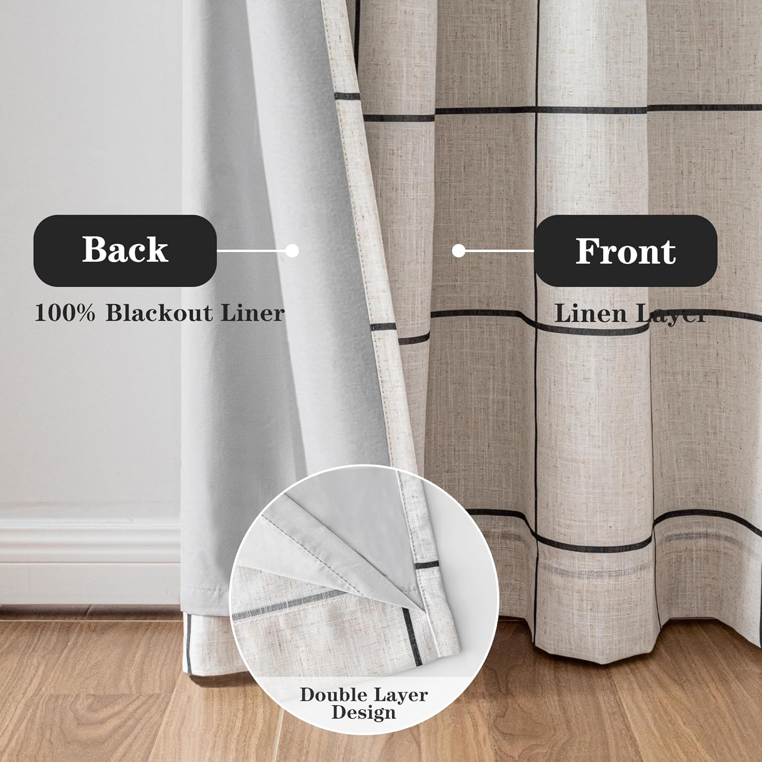 MYSKY HOME 100% Blackout Plaid Farmhouse Linen Curtains 84 Inch Long 2 Panels Set for Living Room Double Layer Windowpane Drapes Thermal Insulated Privacy Protection Rod Pocket Back Tab, 52" W, Black