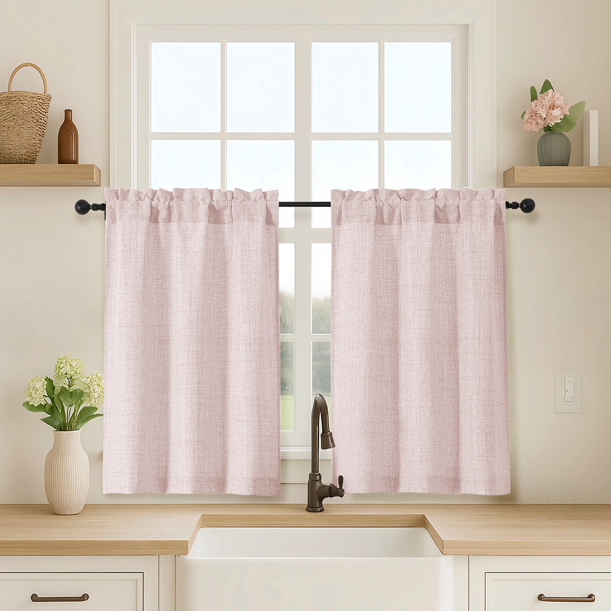 OVZME Kitchen Curtains 24 Inch Length, Light Filtering Faux Linen Textured Small Cafe Curtains, Short Window Curtain Tiers for Cabinet Bathroom Basement RV Camper, 30Wx24L Inch, 2PCS, Terracotta
